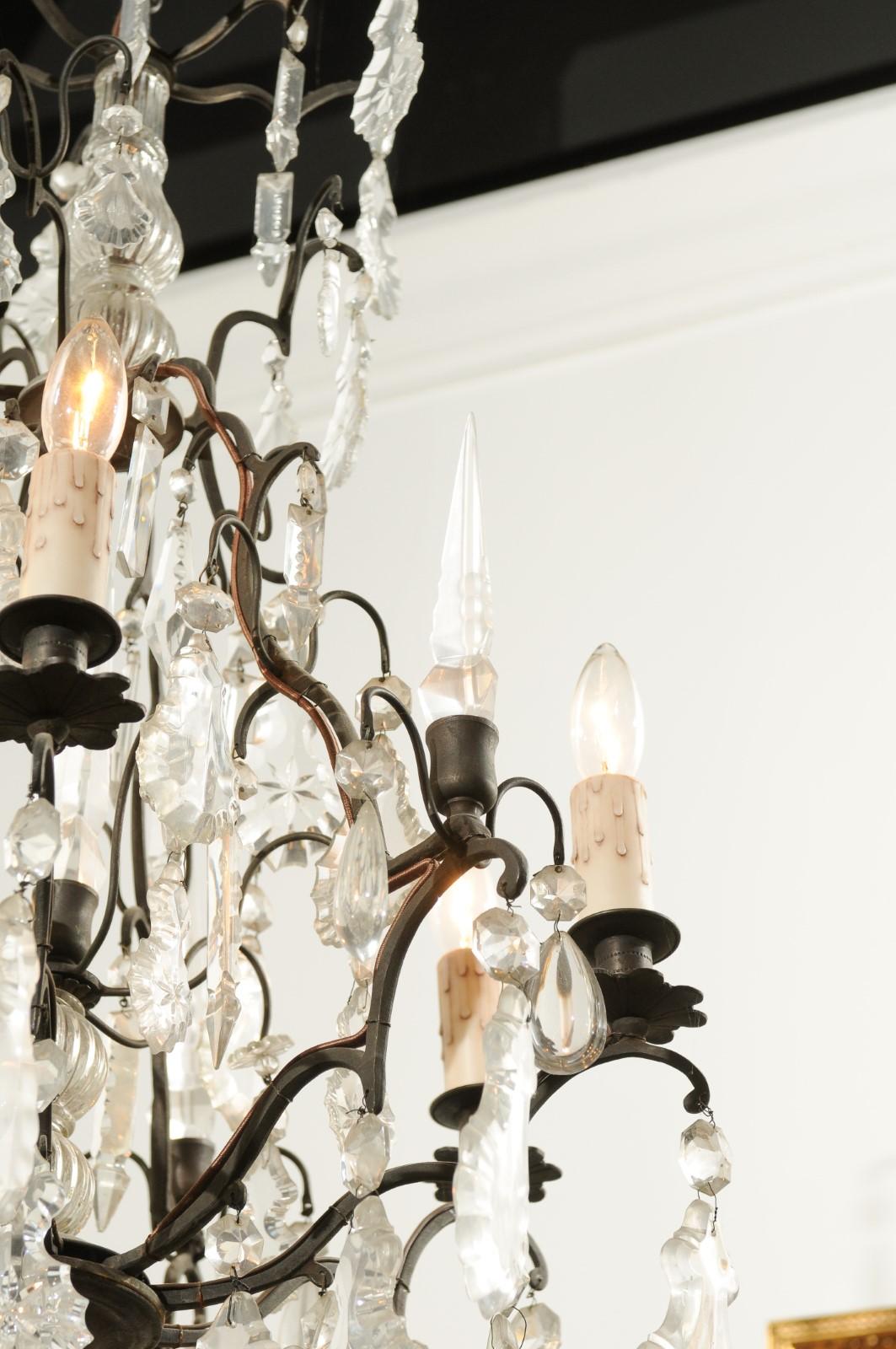 French Six-Light Crystal Chandelier with Iron Armature, Pendeloques and Obelisks For Sale 2