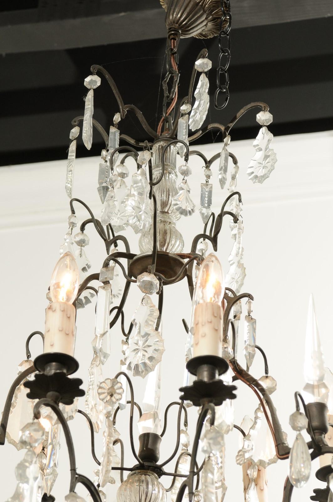 French Six-Light Crystal Chandelier with Iron Armature, Pendeloques and Obelisks For Sale 4
