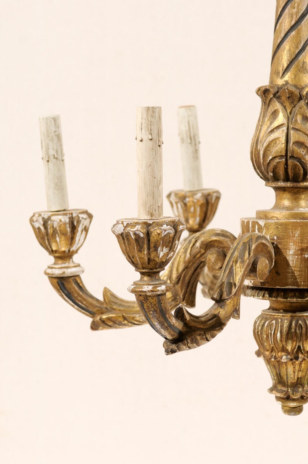 Gilt French Six-Light Gilded Wood Chandelier with Aged Gold Color For Sale