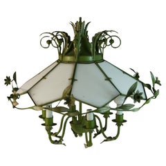 French six light Moss Green Metal Leaf and white glass chandelier Vintage French six light Moss Green Metal Leaf and white glass chandelier