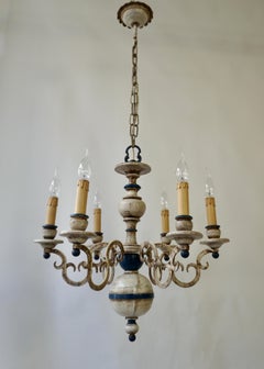 French Six-Light Painted Wood and Metal Chandelier with Warm White & Blue Tones