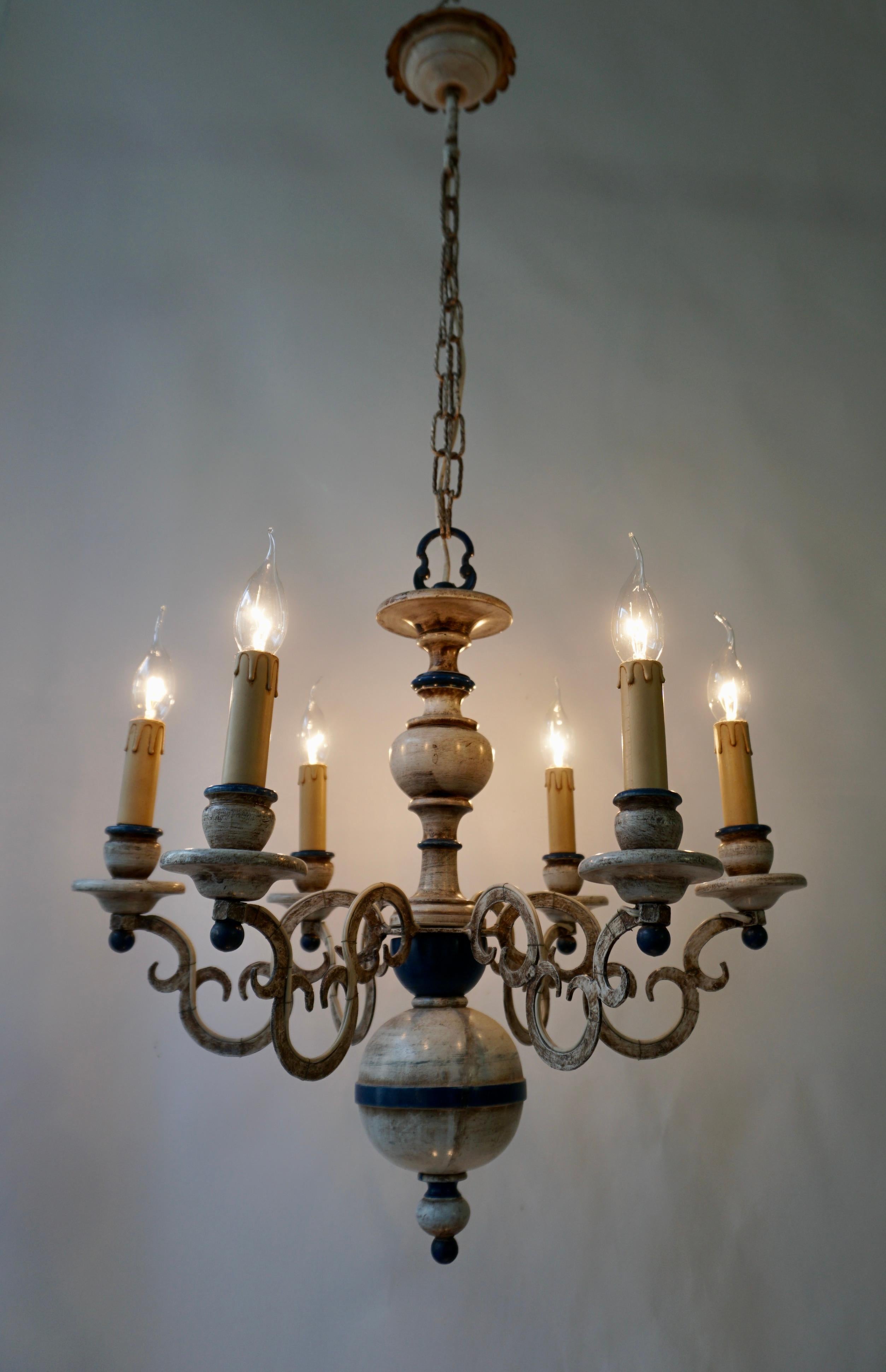 Adam Style French Six-Light Painted Wood and Metal Chandelier with Warm White & Blue Tones For Sale