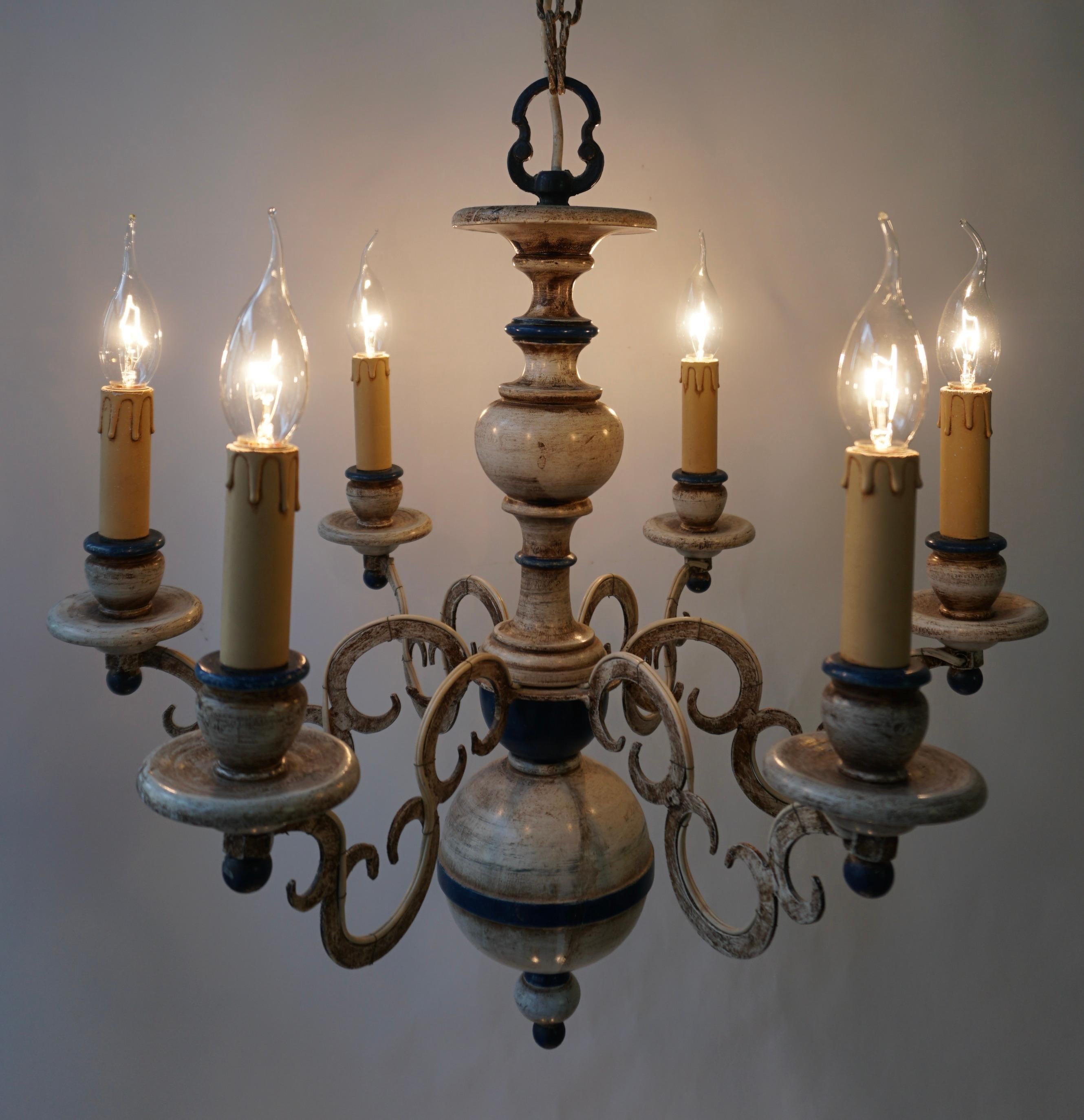 20th Century French Six-Light Painted Wood and Metal Chandelier with Warm White & Blue Tones For Sale