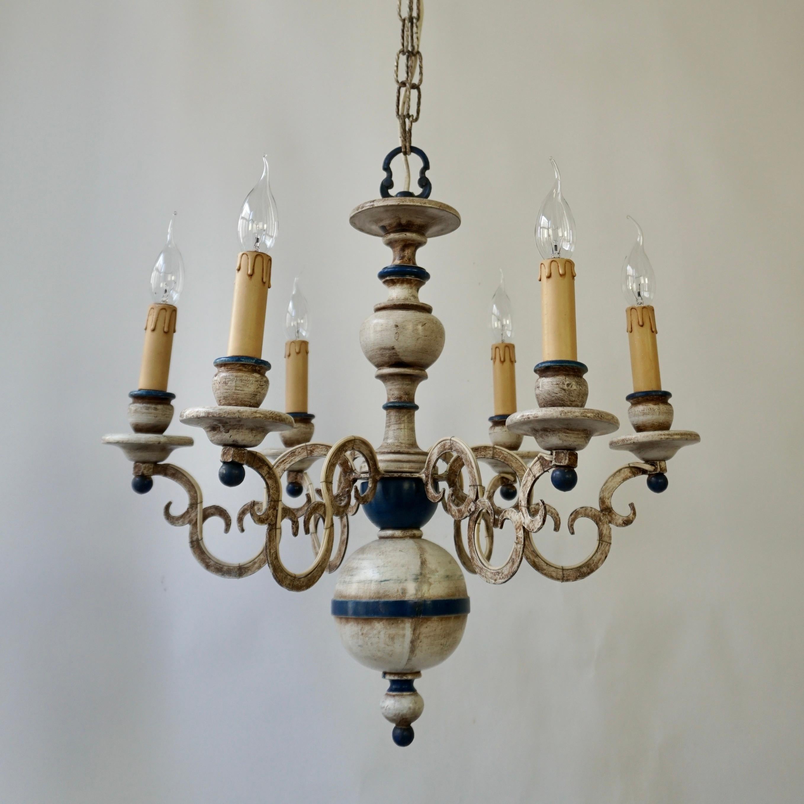 French Six-Light Painted Wood and Metal Chandelier with Warm White & Blue Tones For Sale 1