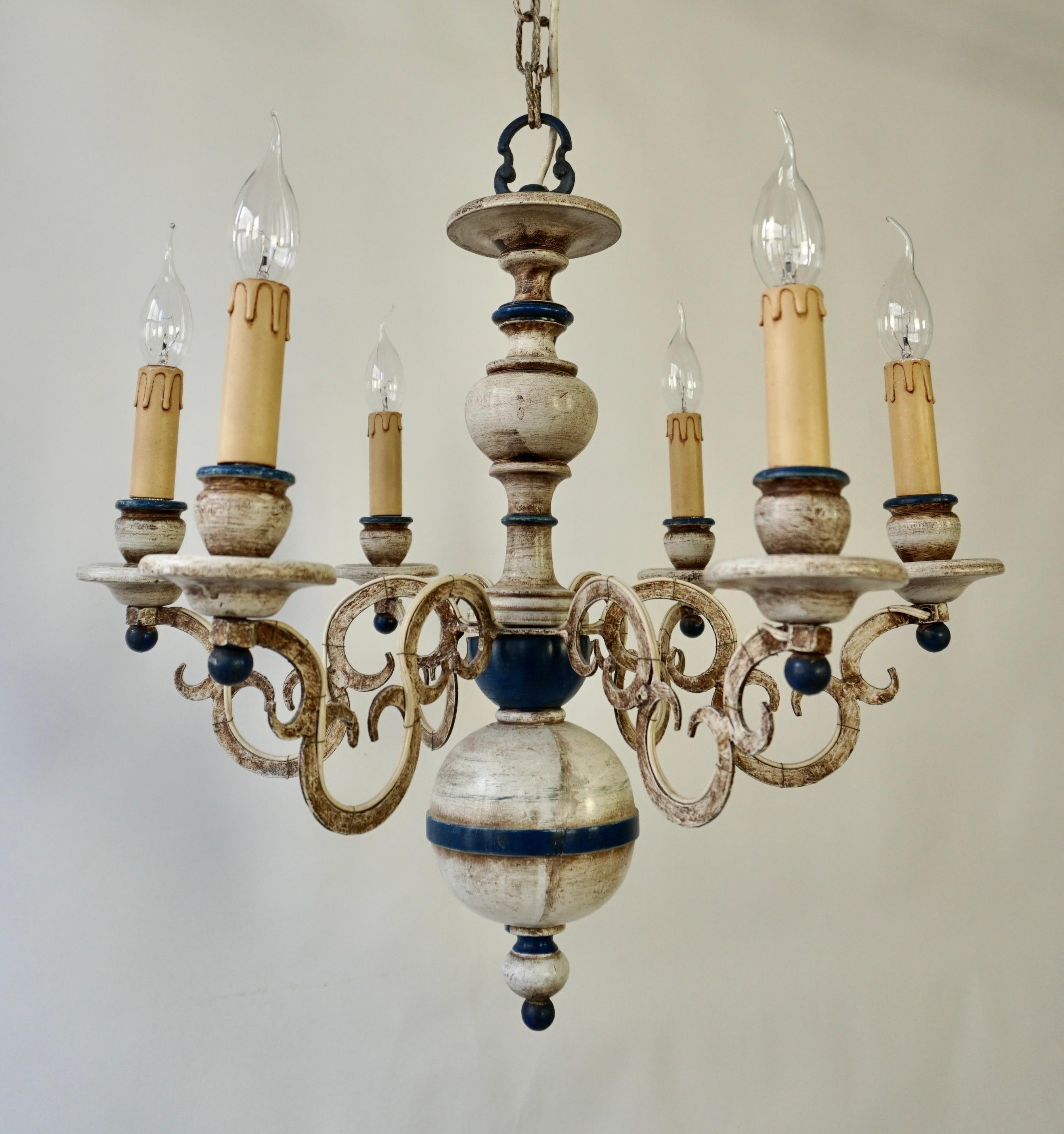 French Six-Light Painted Wood and Metal Chandelier with Warm White & Blue Tones For Sale 2
