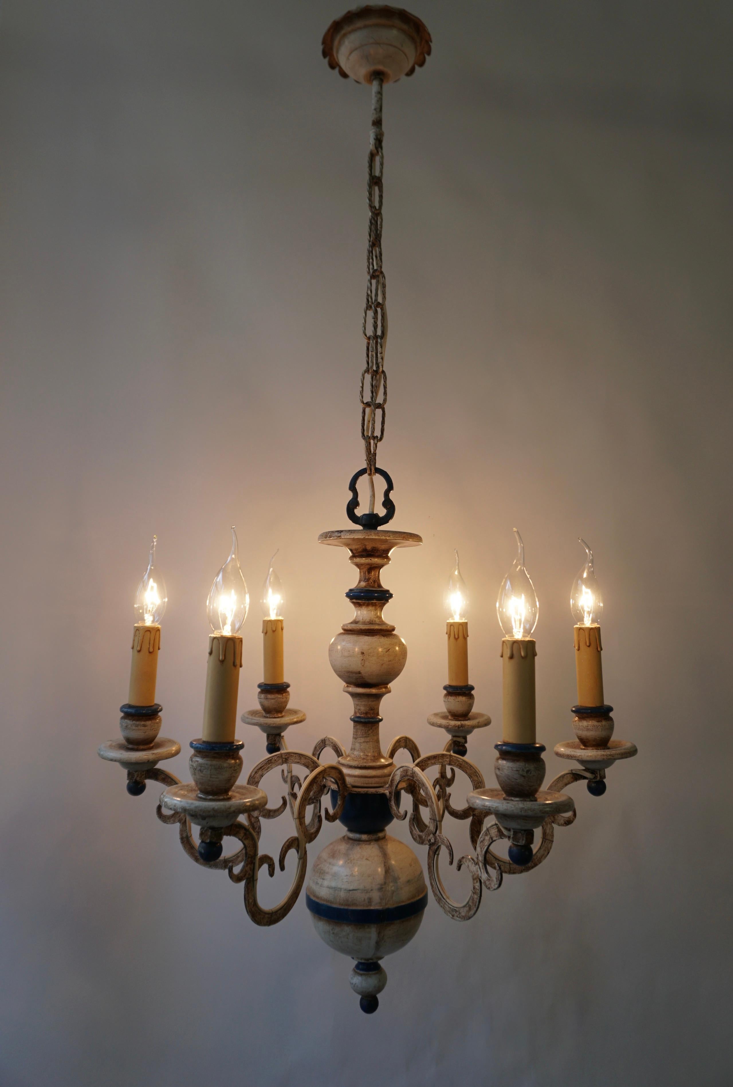 French Six-Light Painted Wood and Metal Chandelier with Warm White & Blue Tones For Sale 4