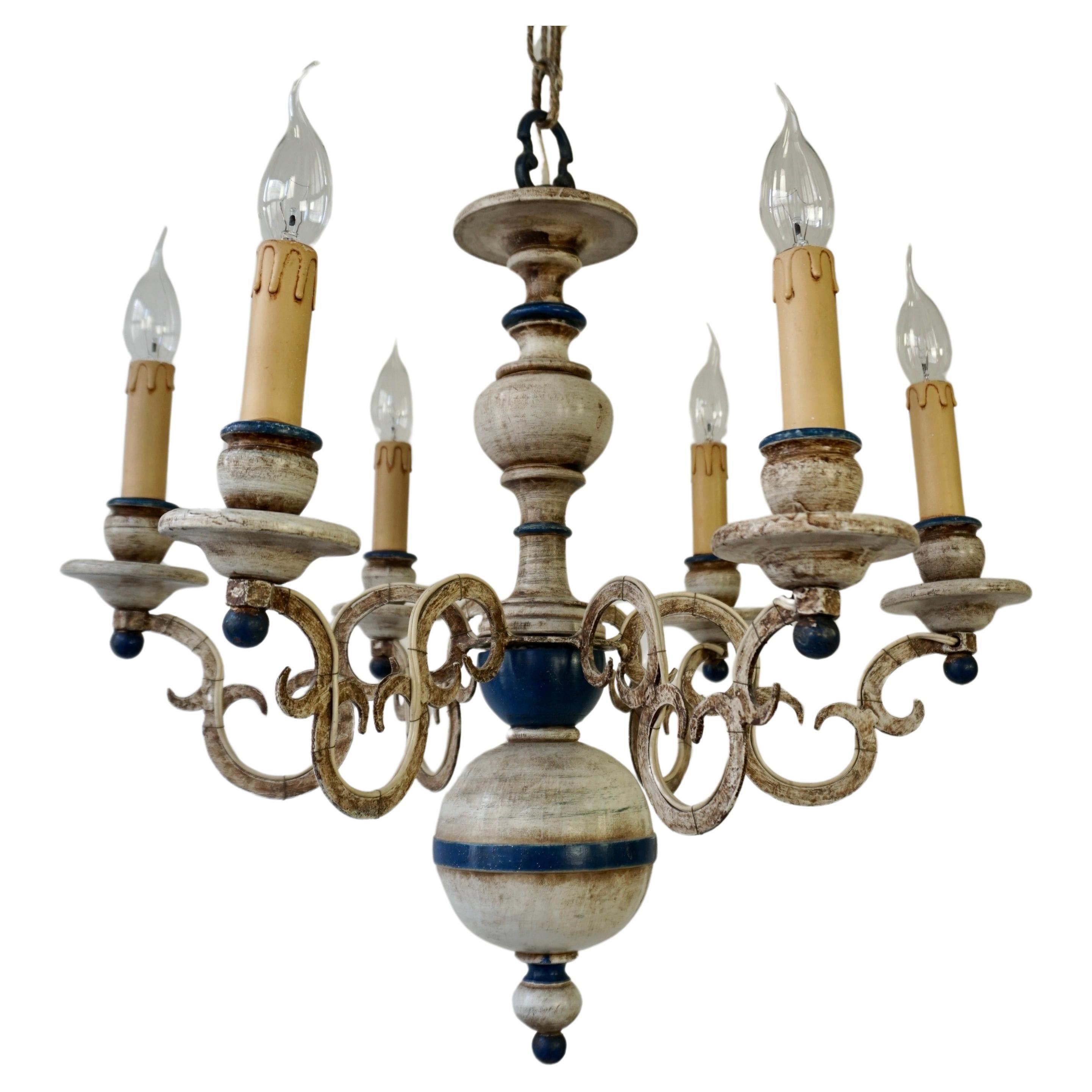 French Six-Light Painted Wood and Metal Chandelier with Warm White & Blue Tones For Sale