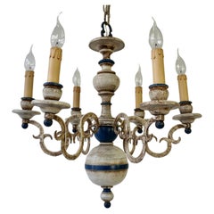 French Six-Light Painted Wood and Metal Chandelier with Warm White & Blue Tones