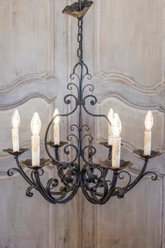 French Six Light Wrought Iron Chandelier with Cascading Scrolls, USA Wired
