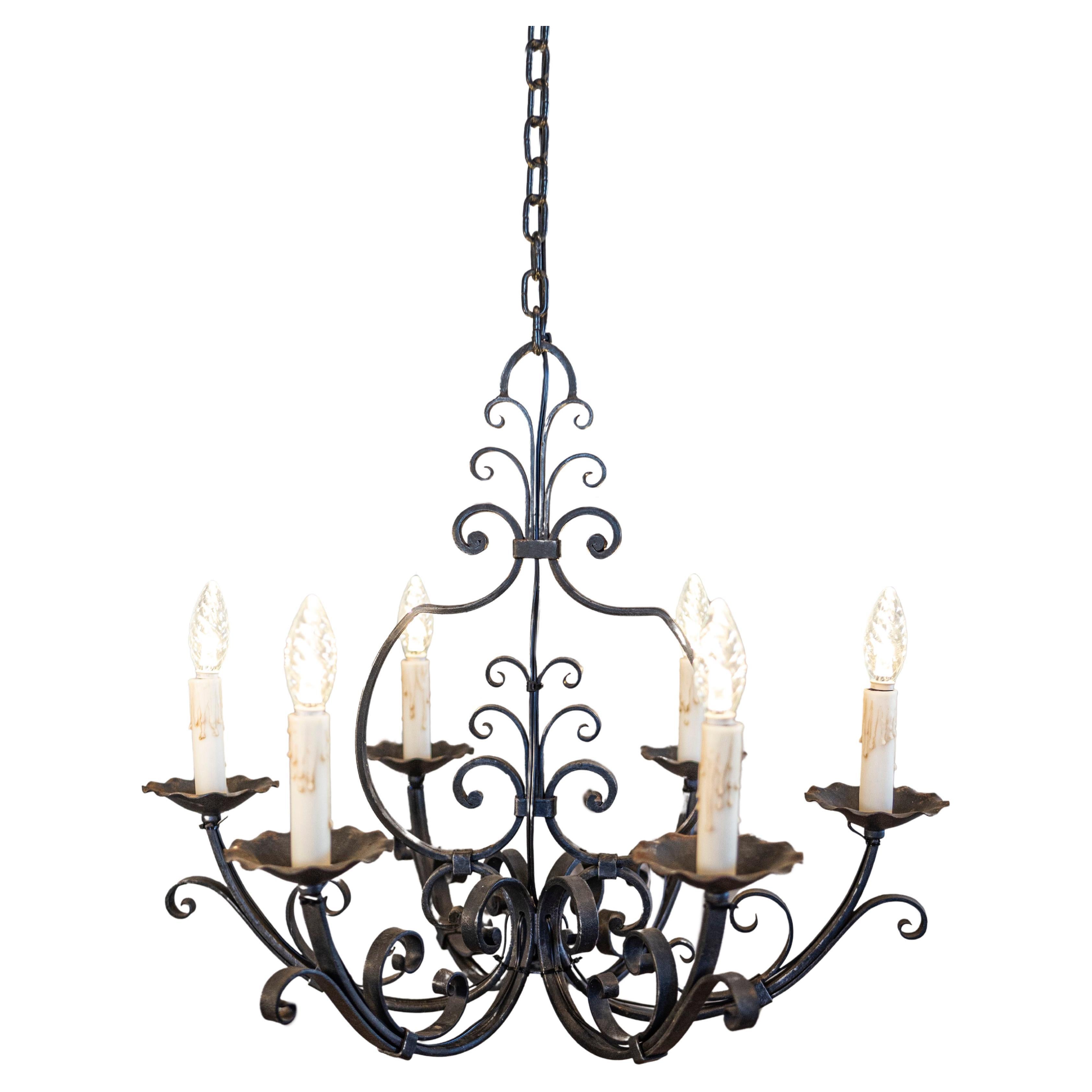French Six Light Wrought Iron Chandelier with Cascading Scrolls, USA Wired For Sale