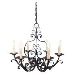 Vintage French Six Light Wrought Iron Chandelier with Cascading Scrolls, USA Wired