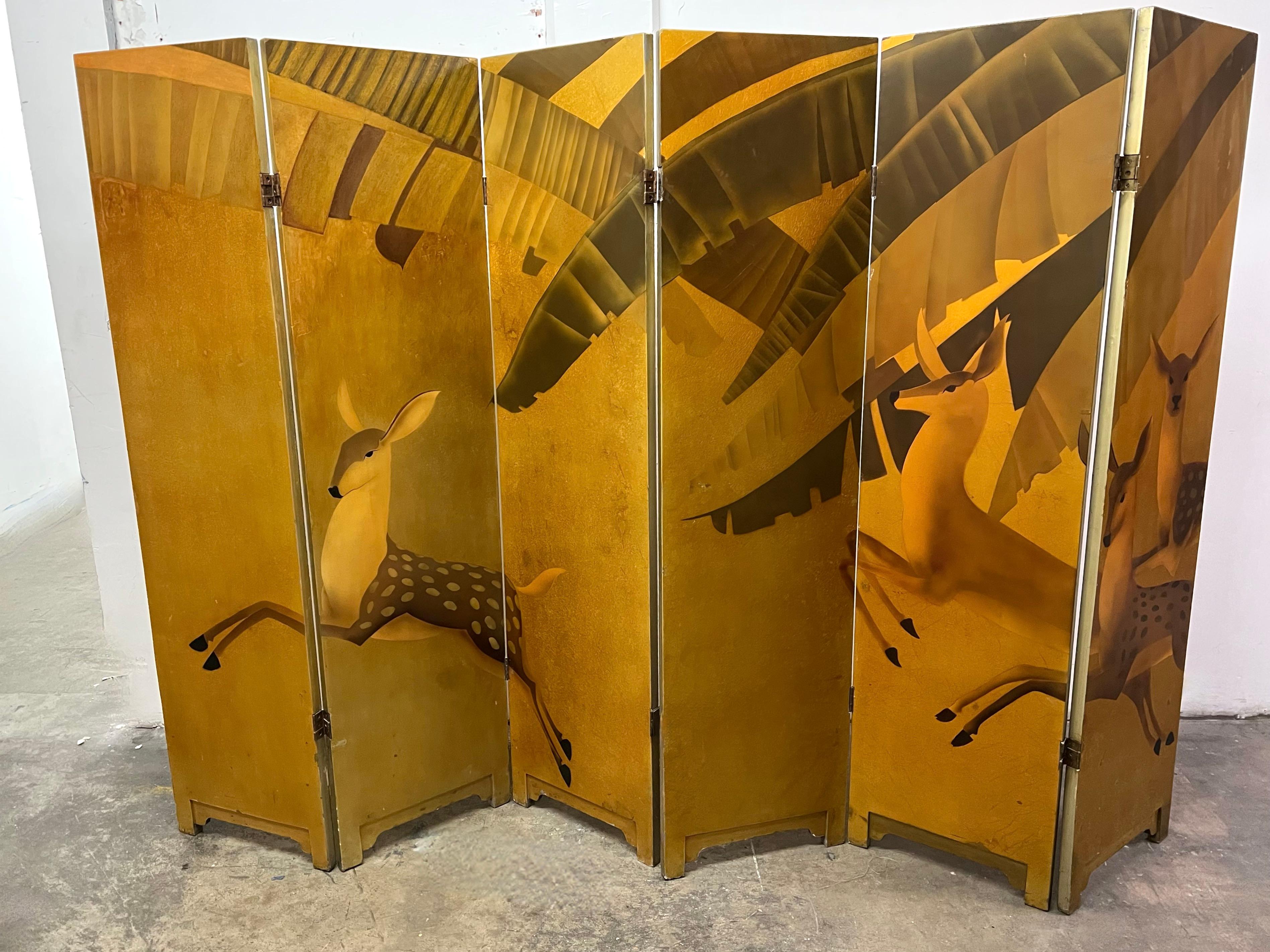Six Panel Gilt French Art Deco Hand Painted Screen with Deer For Sale 6