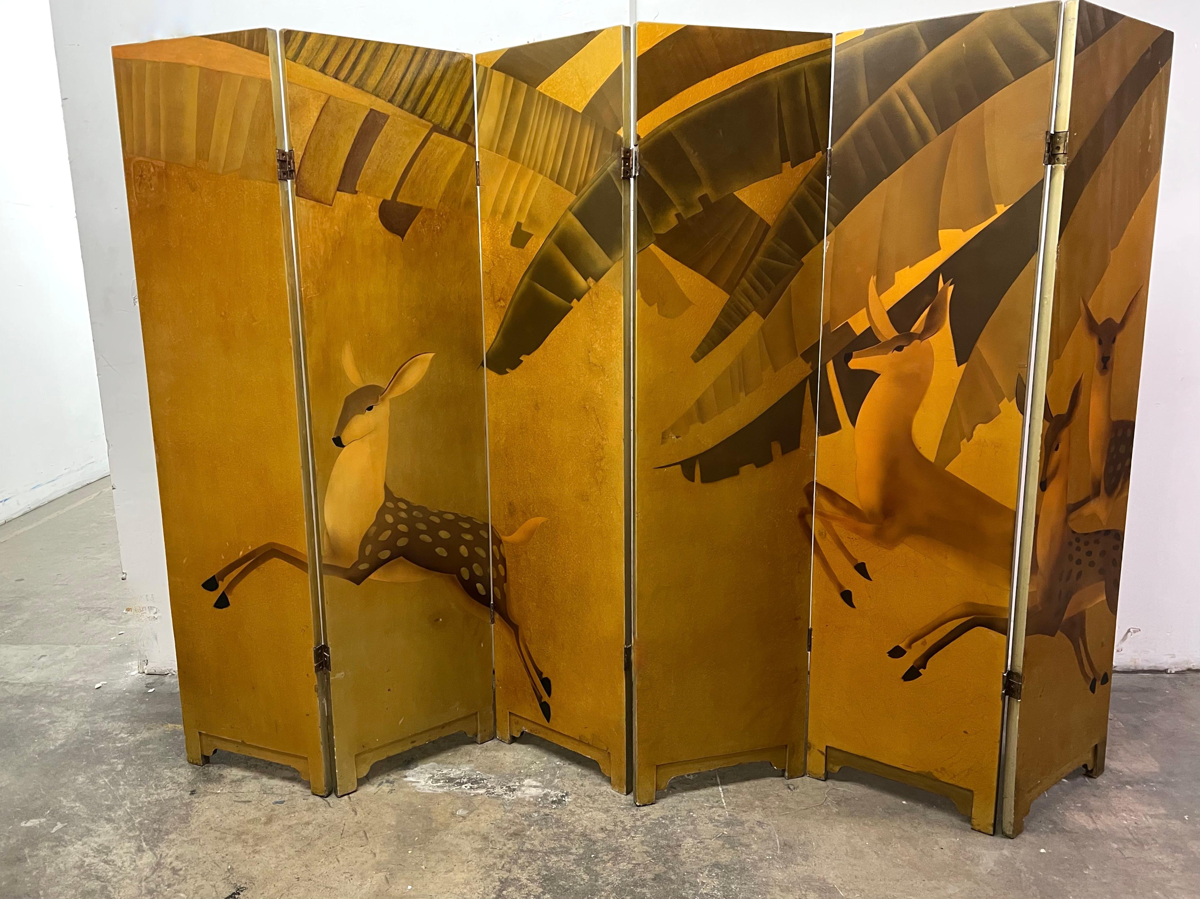 Six Panel Gilt French Art Deco Hand Painted Screen with Deer For Sale 7