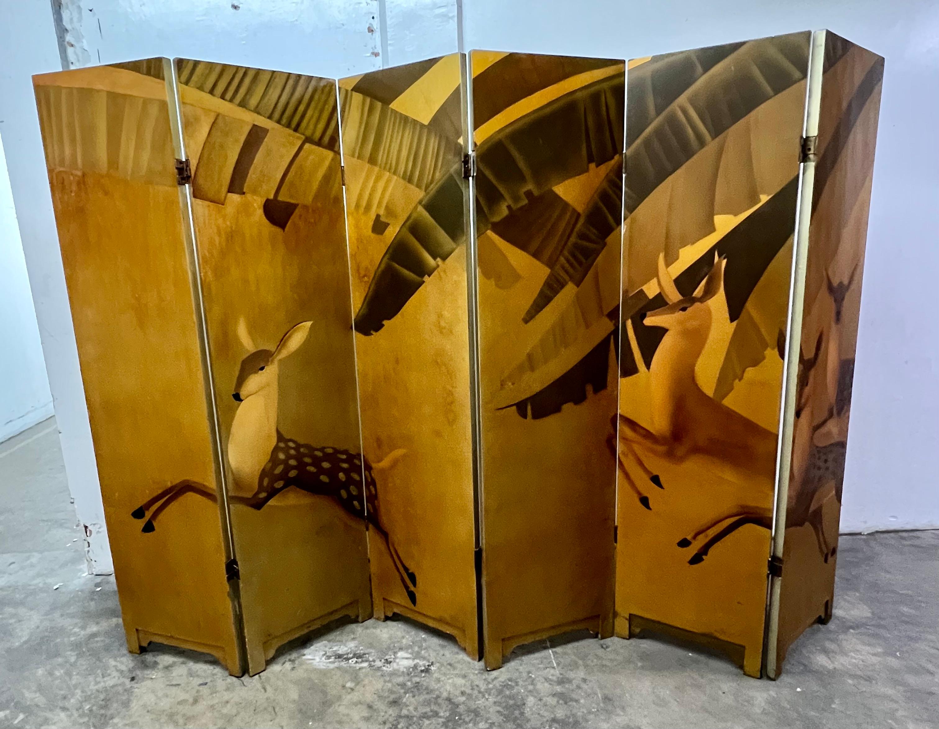 Six Panel Gilt French Art Deco Hand Painted Screen with Deer For Sale 8