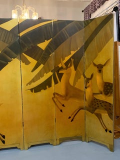 Six Panel Gilt French Art Deco Hand Painted Screen with Deer