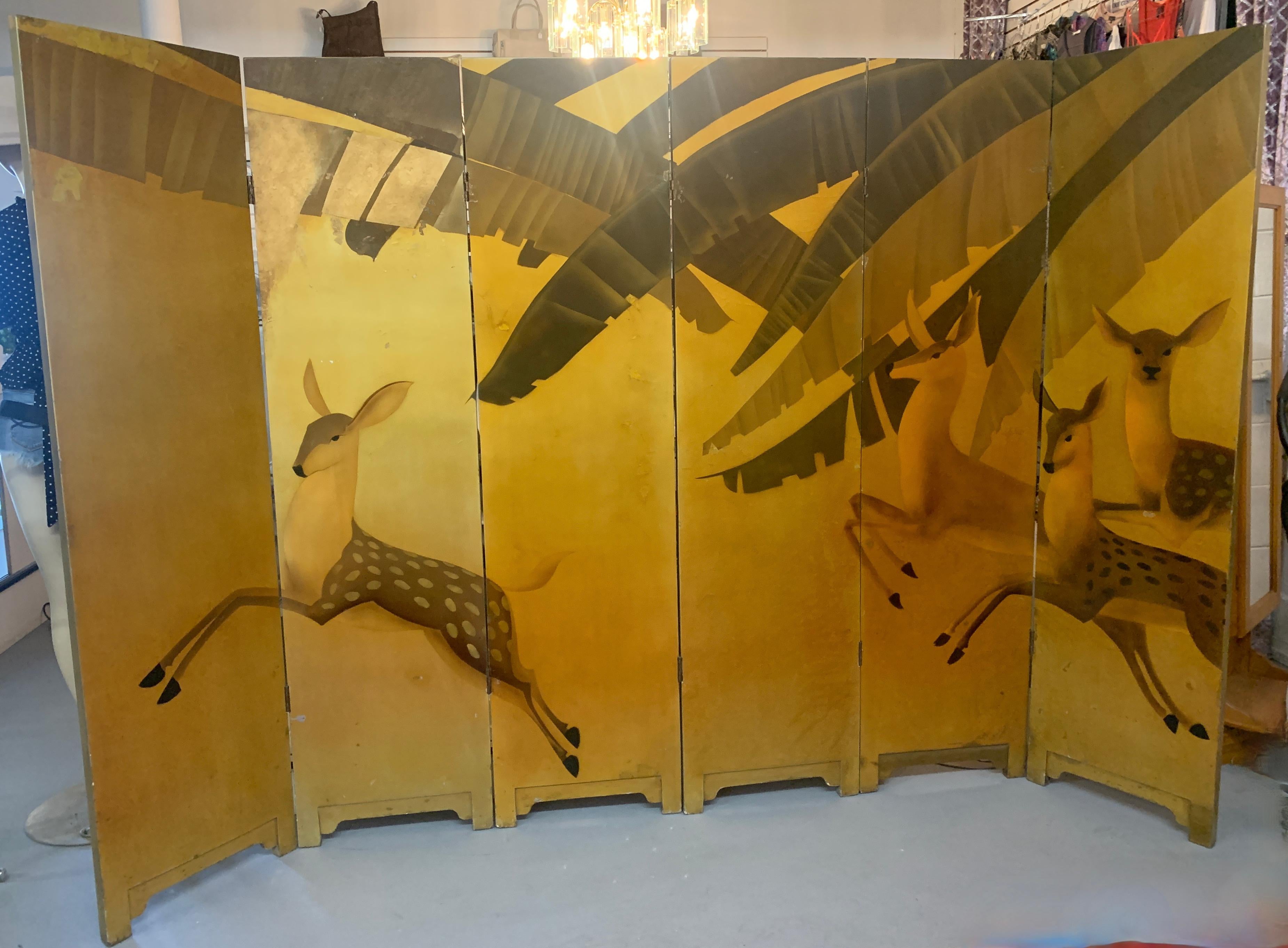 Six Panel Gilt French Art Deco Hand Painted Screen with Deer In Good Condition For Sale In Los Angeles, CA