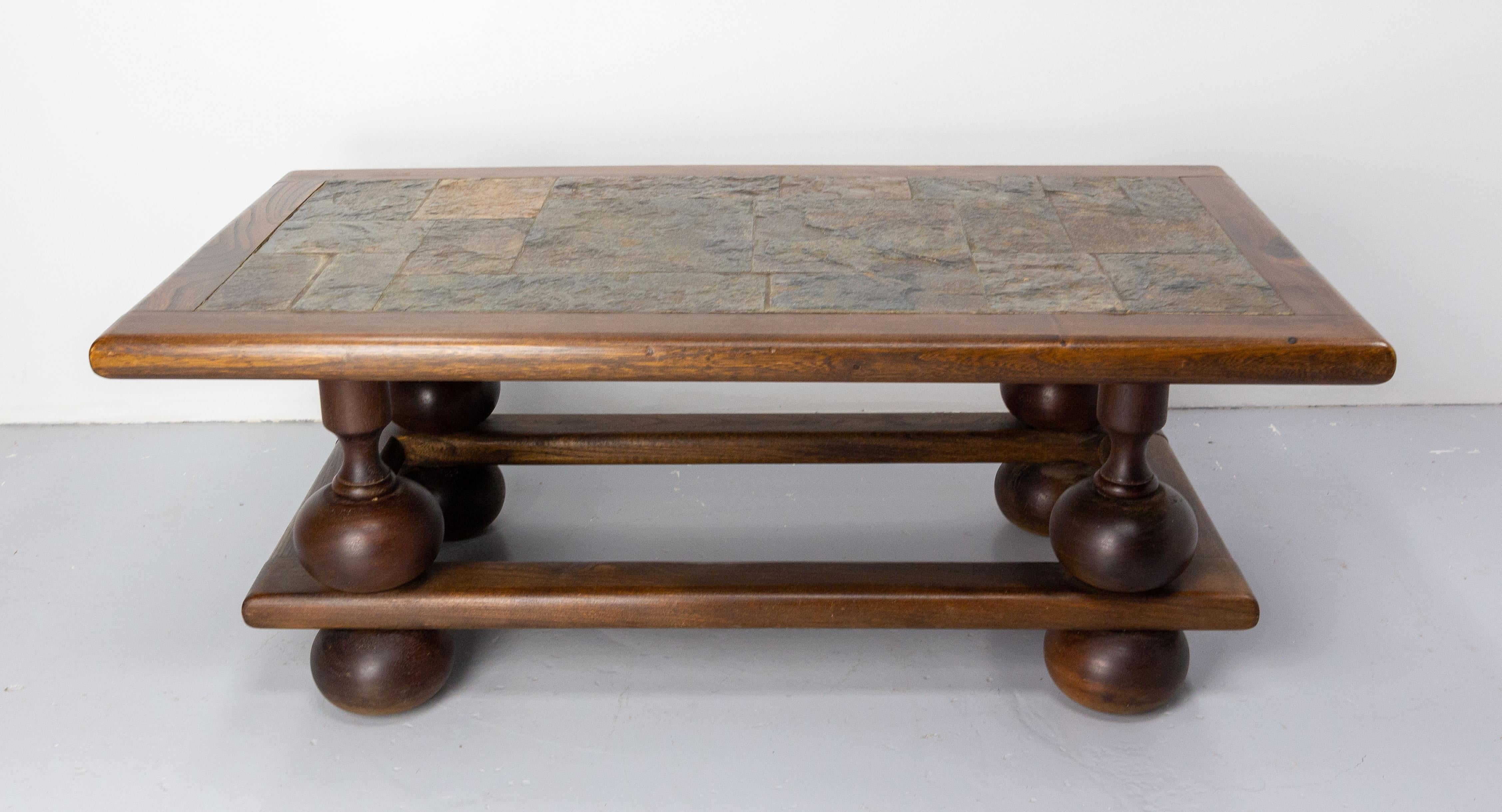 French Slate and Wood Coffee Table, Mid-Century In Good Condition For Sale In Labrit, Landes