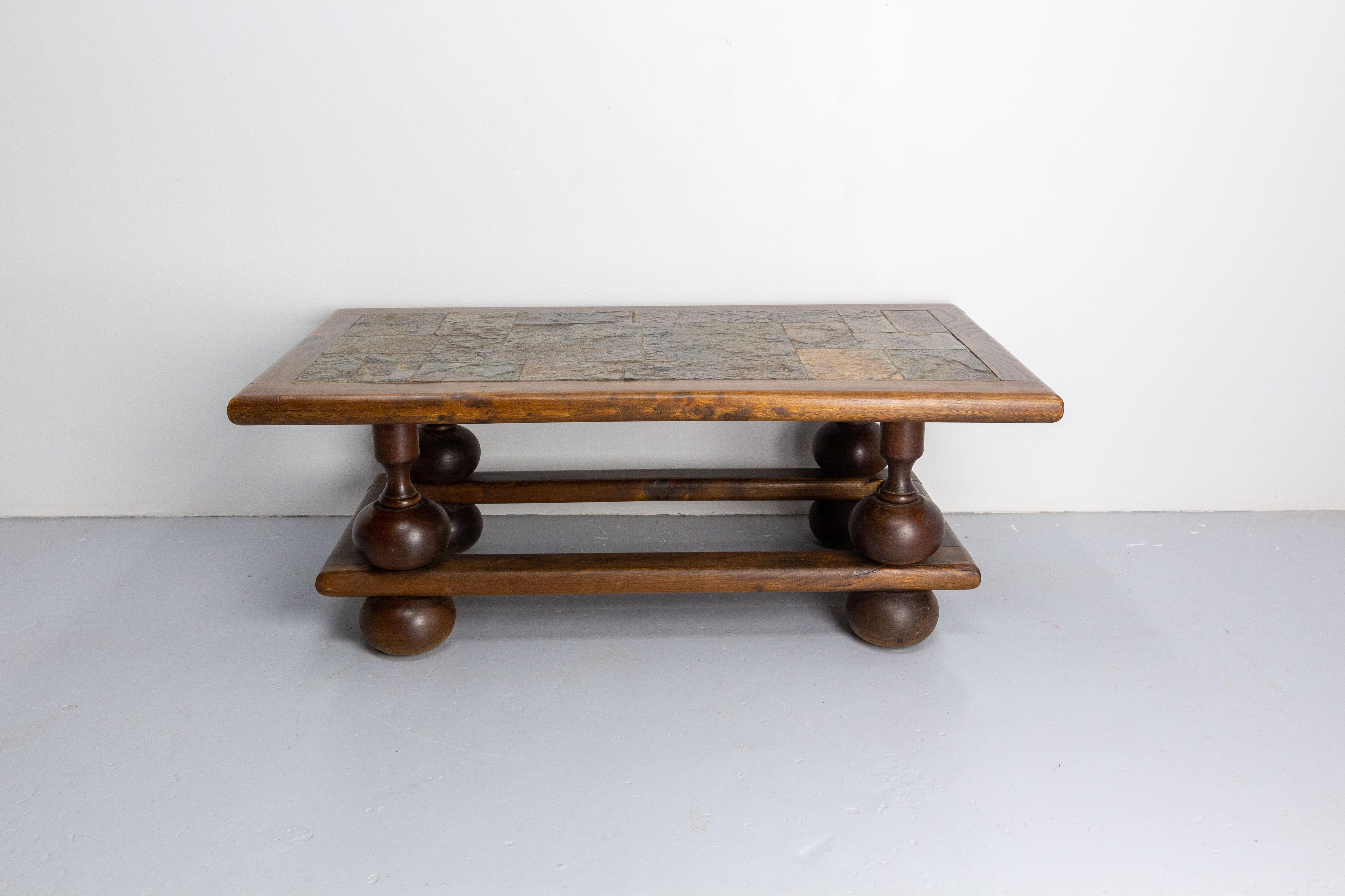 Mid-20th Century French Slate and Wood Coffee Table, Mid-Century For Sale