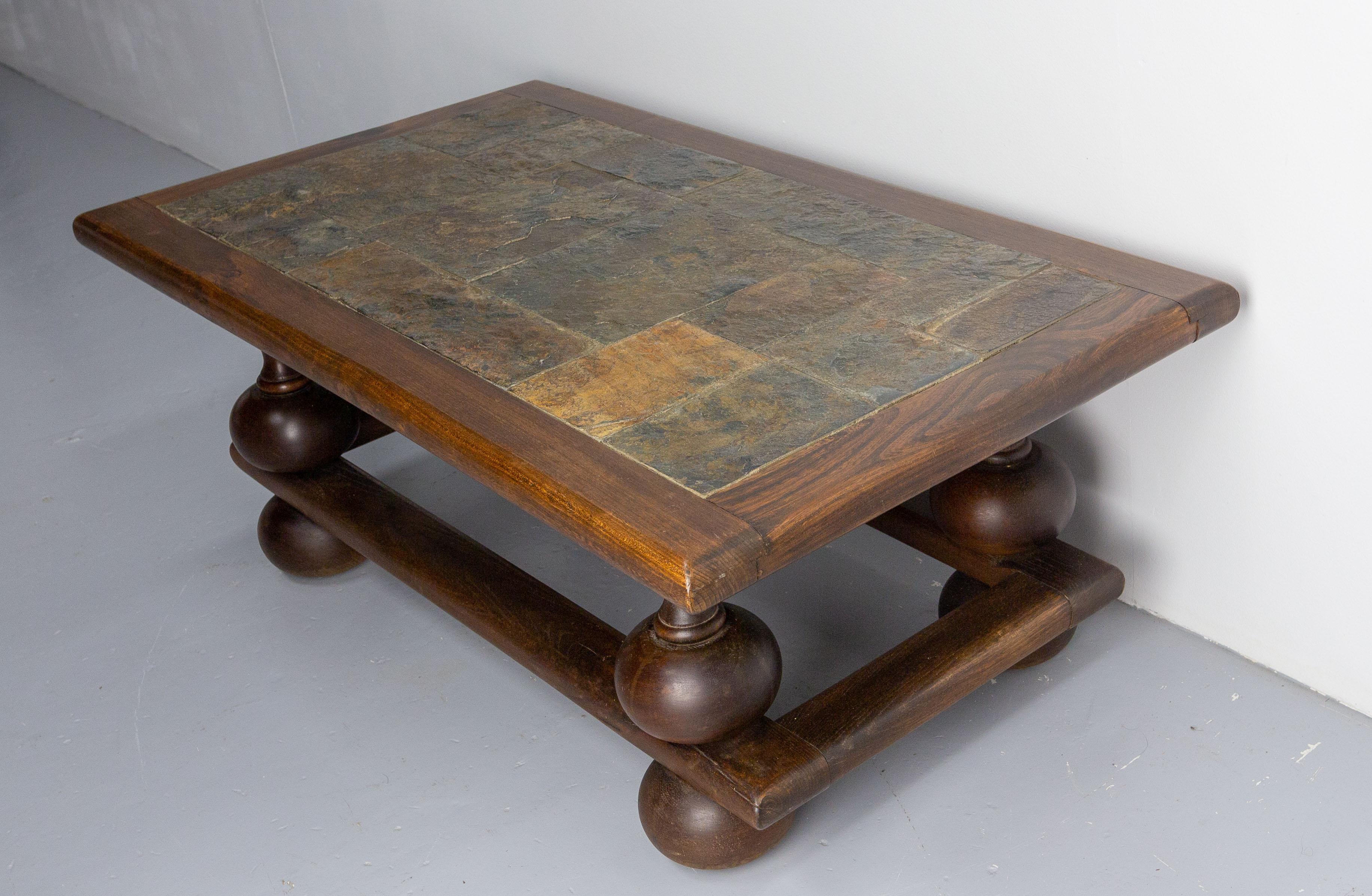 French Slate and Wood Coffee Table, Mid-Century For Sale 2