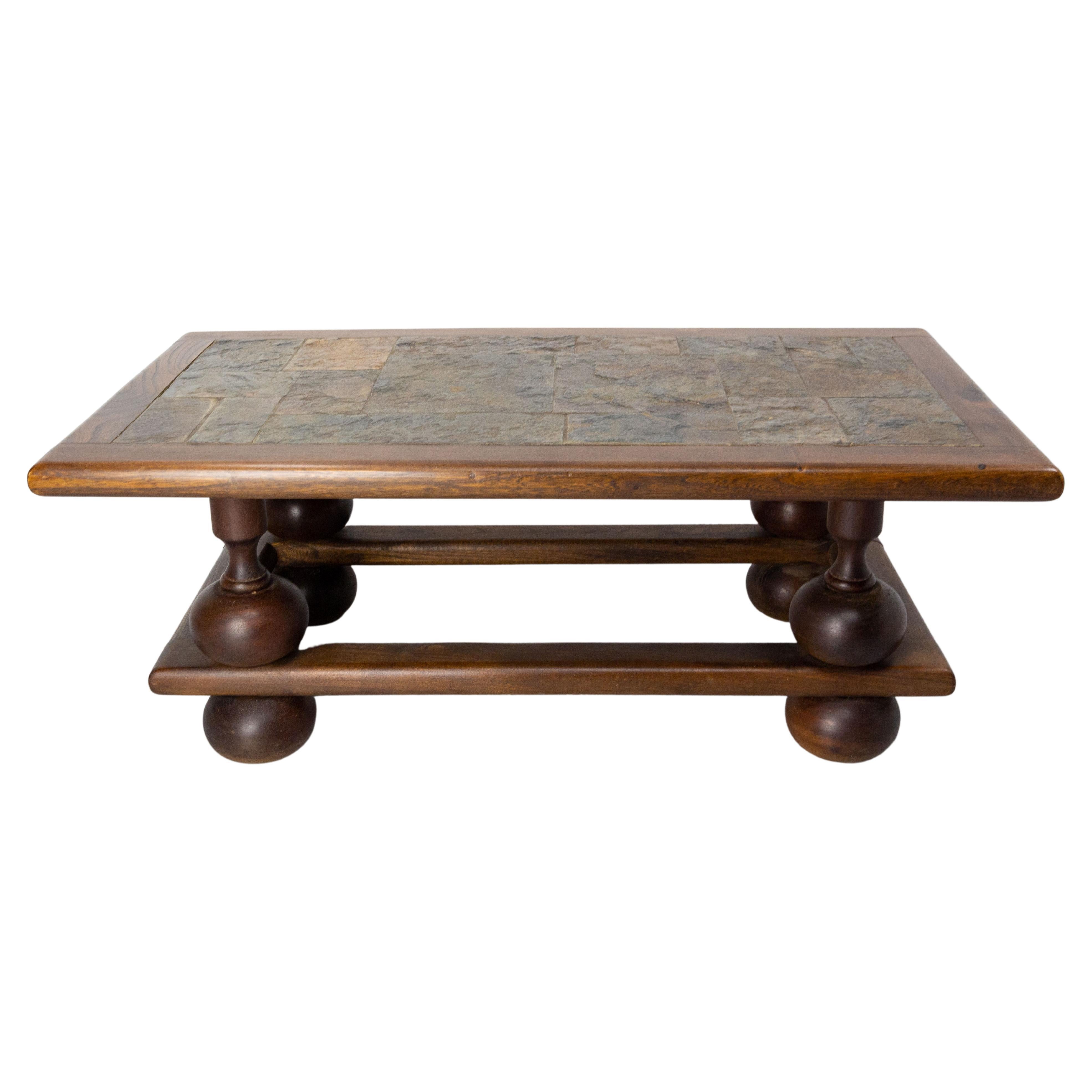 French Slate and Wood Coffee Table, Mid-Century