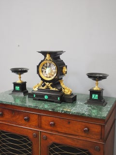 French Slate, Malachite and Gilt Bronze Clock Garniture