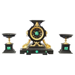 French Slate, Malachite and Gilt Bronze Clock Garniture