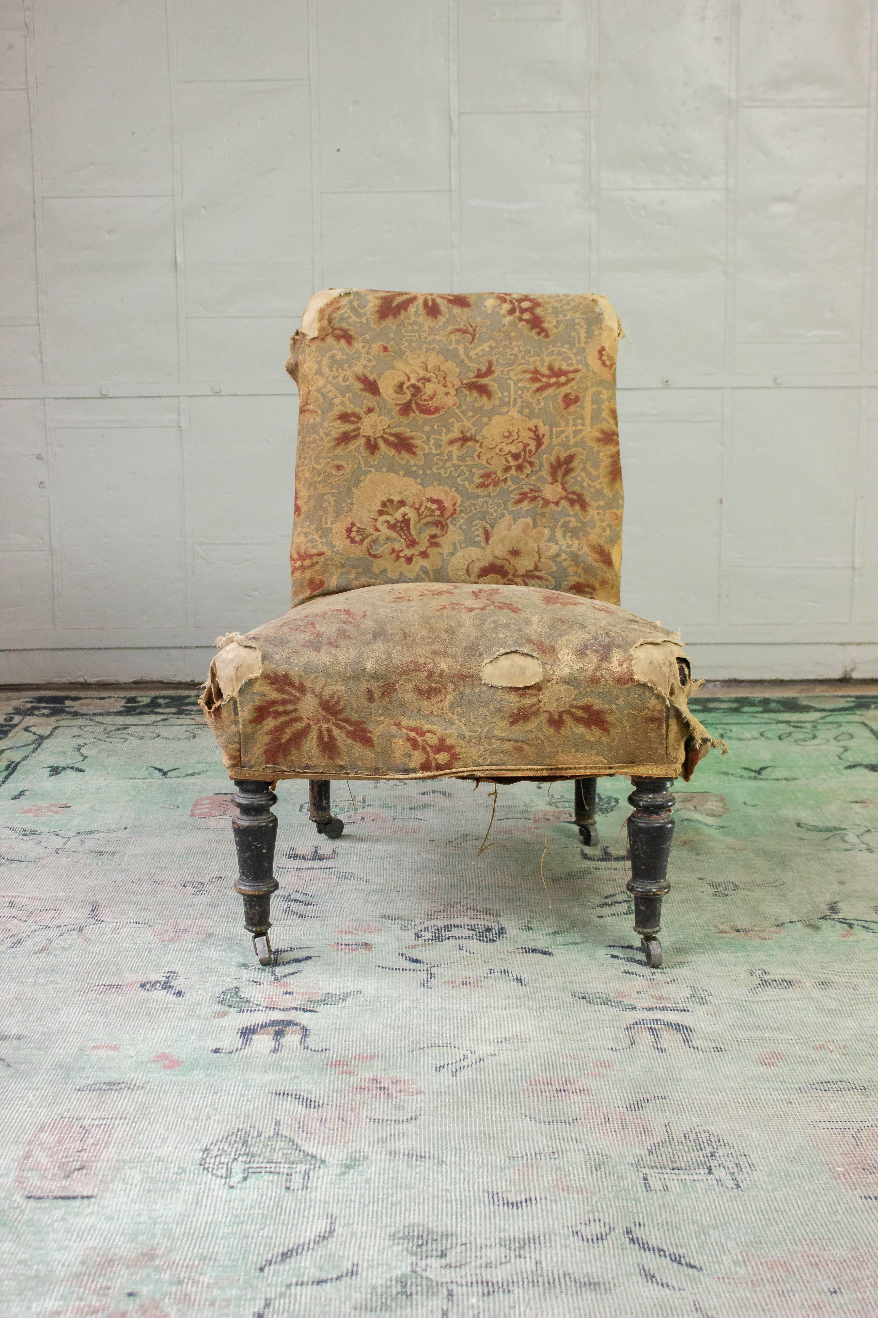 French Slipper Chair in Distressed Fabric 5