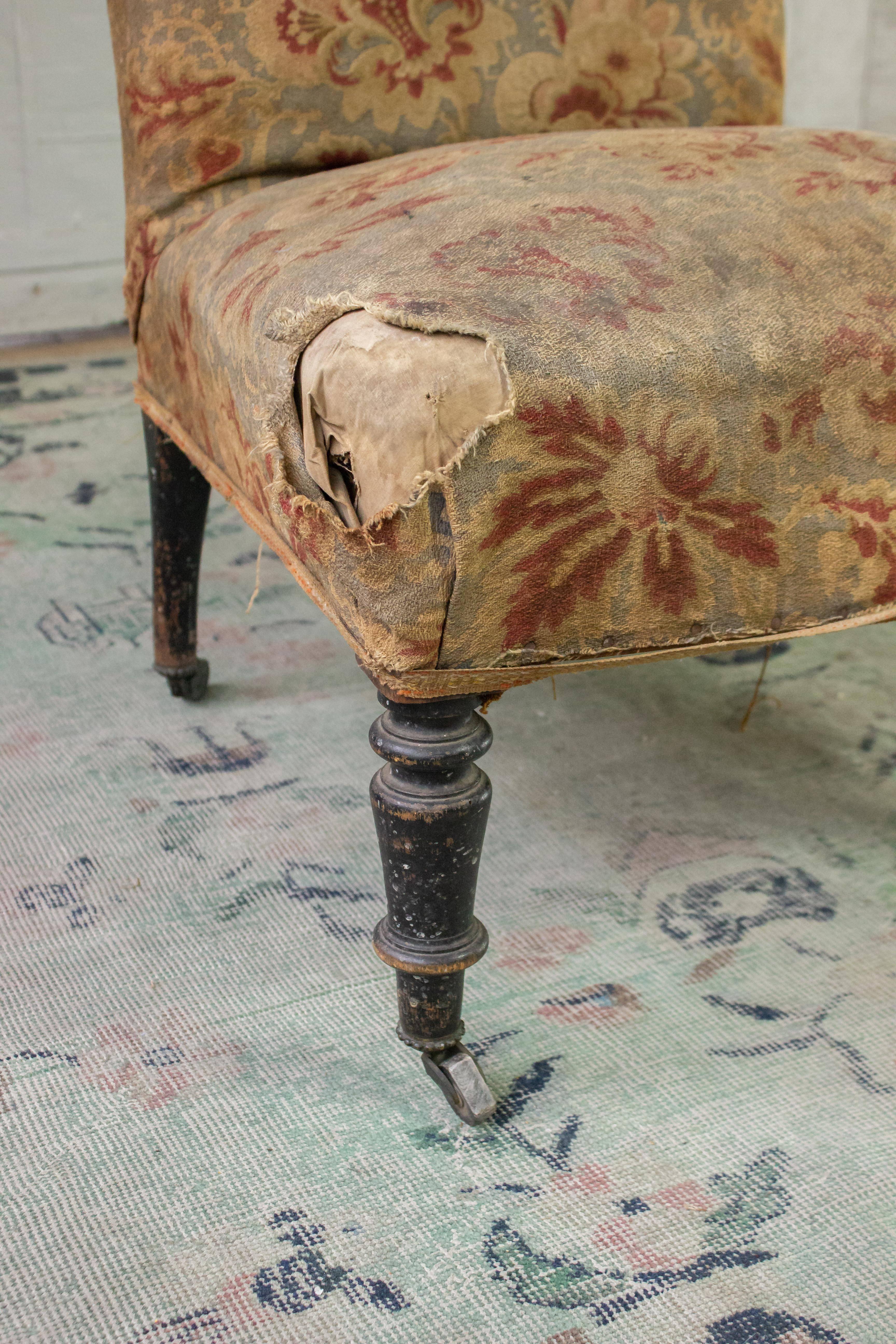 Napoleon III French Slipper Chair in Distressed Fabric