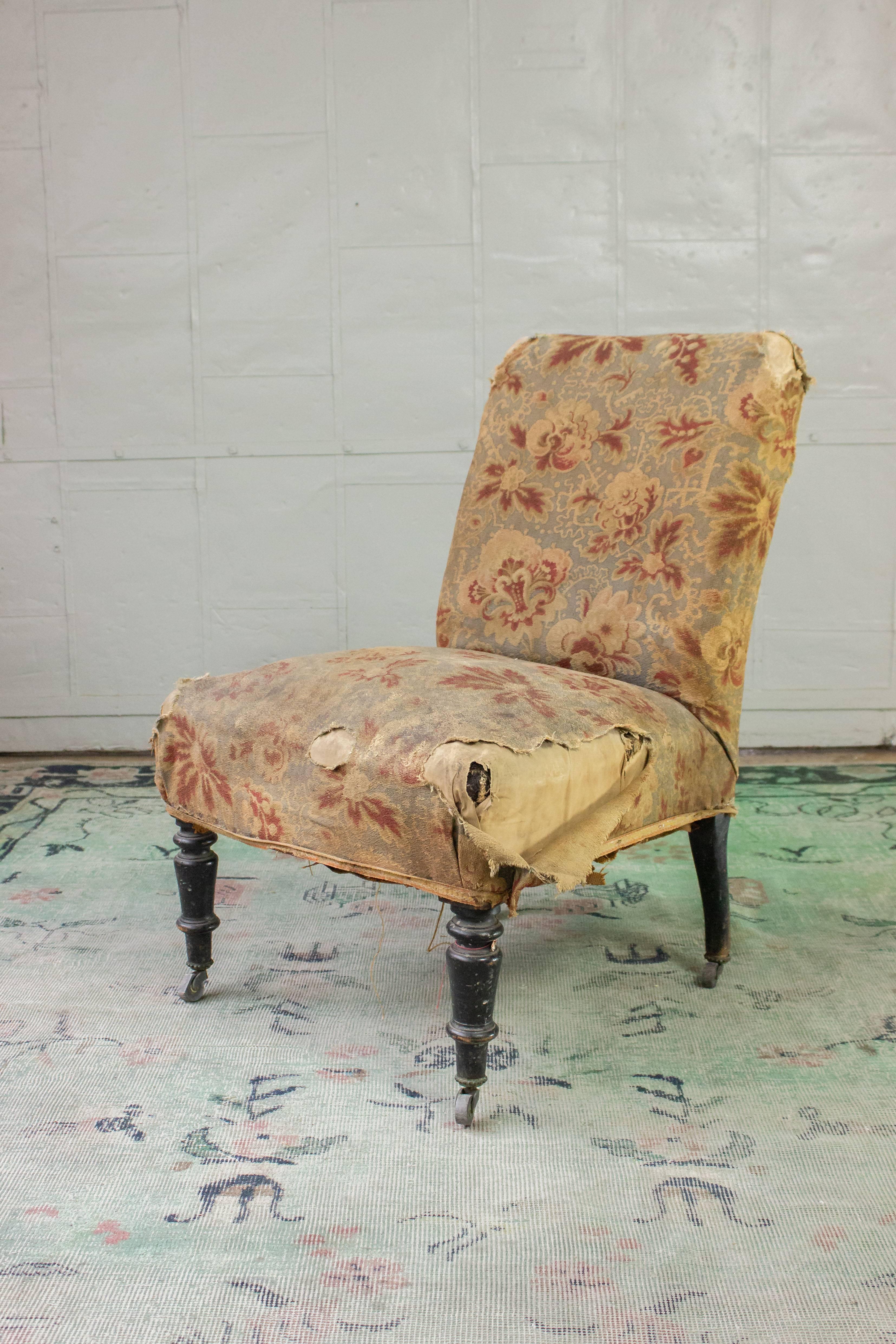 French Slipper Chair in Distressed Fabric In Distressed Condition In Buchanan, NY