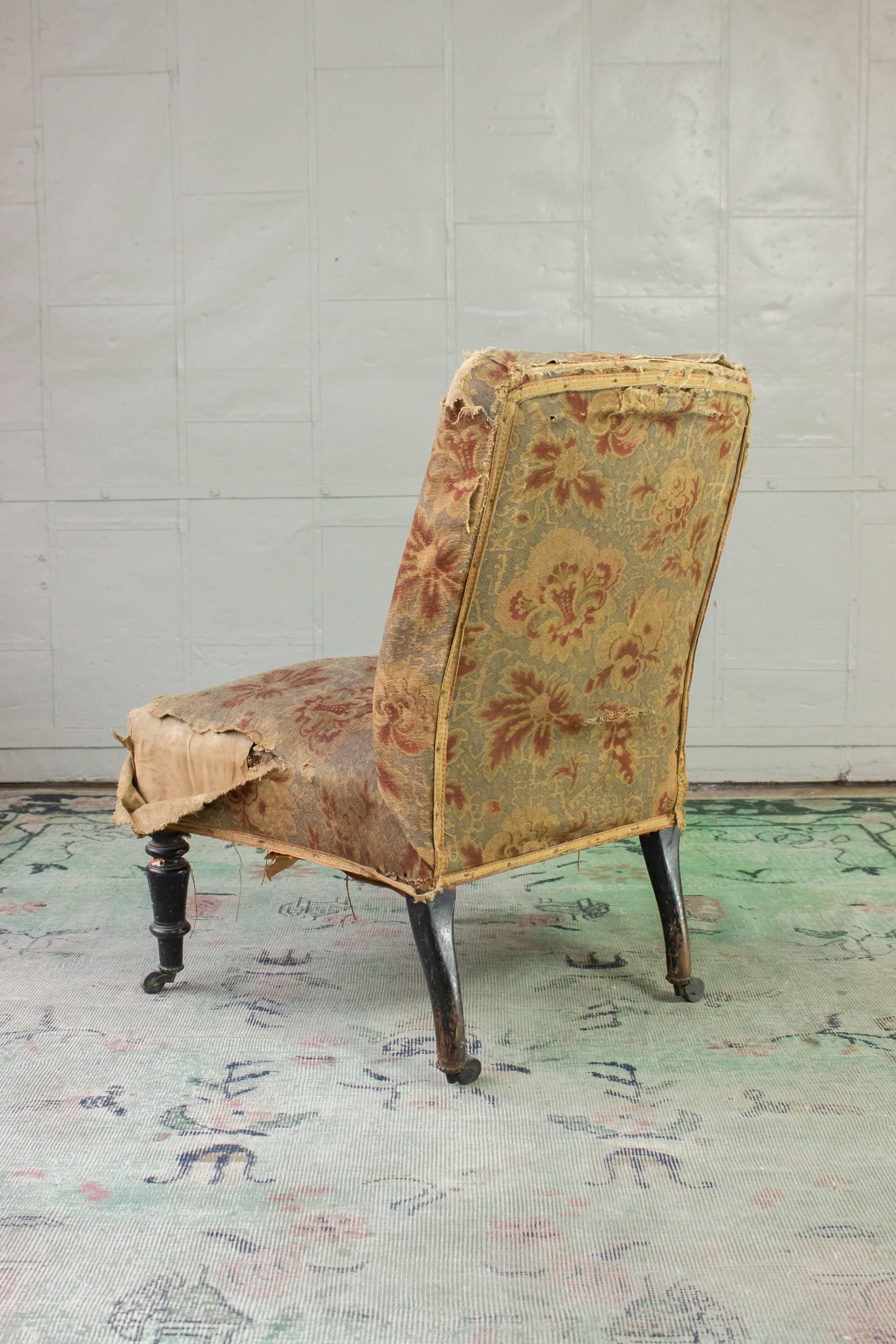 French Slipper Chair in Distressed Fabric 1