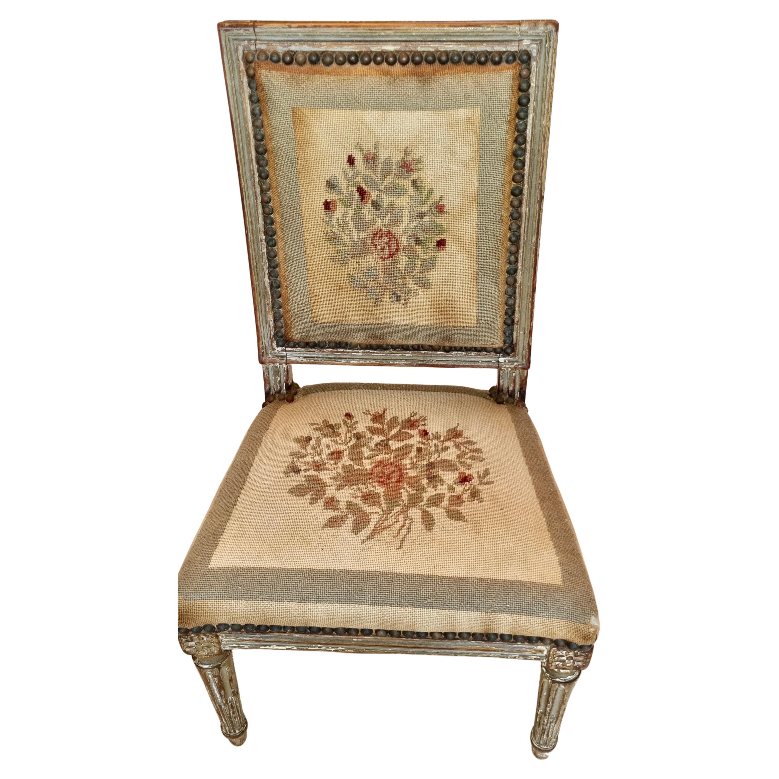 French Slipper Chair XVIII Century with flower brocade in petit point  For Sale