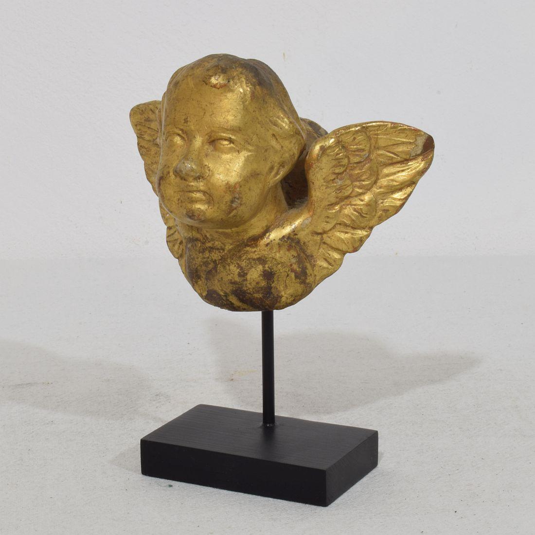 Hand-Carved Italian Small 18th Century Hand Carved  Baroque Winged Angel Head For Sale
