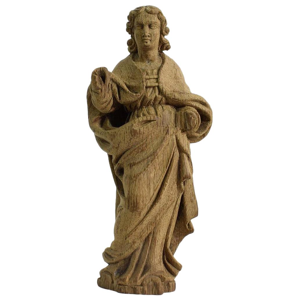 French Small 18th Century Weathered Oak Saint Statue