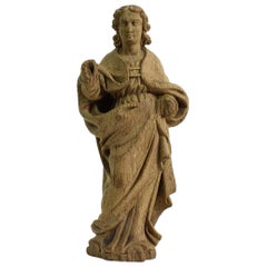 French Small 18th Century Weathered Oak Saint Statue