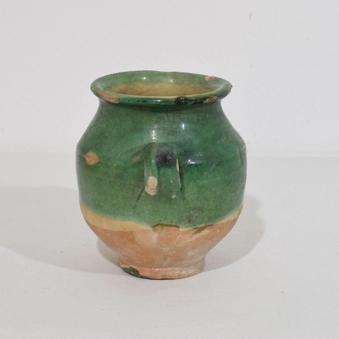 French Small 19th Century Green Glazed Ceramic Confit Jar/ Pot In Good Condition In Buisson, FR
