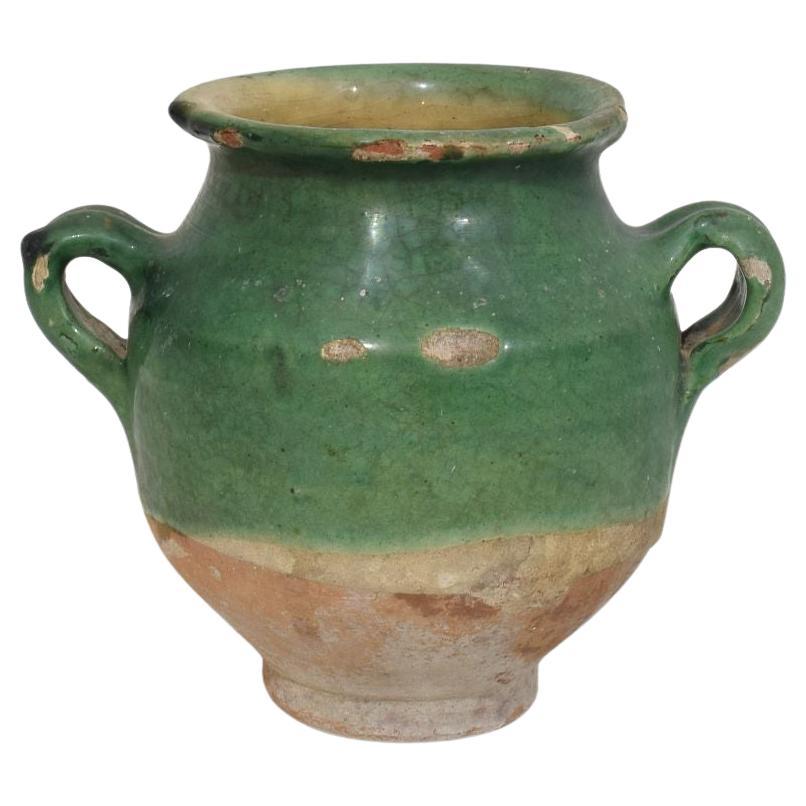 French Small 19th Century Green Glazed Ceramic Confit Jar/ Pot