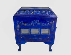 French Small Art Deco Blue Enamelled Cast Iron Wood/Coal Stove