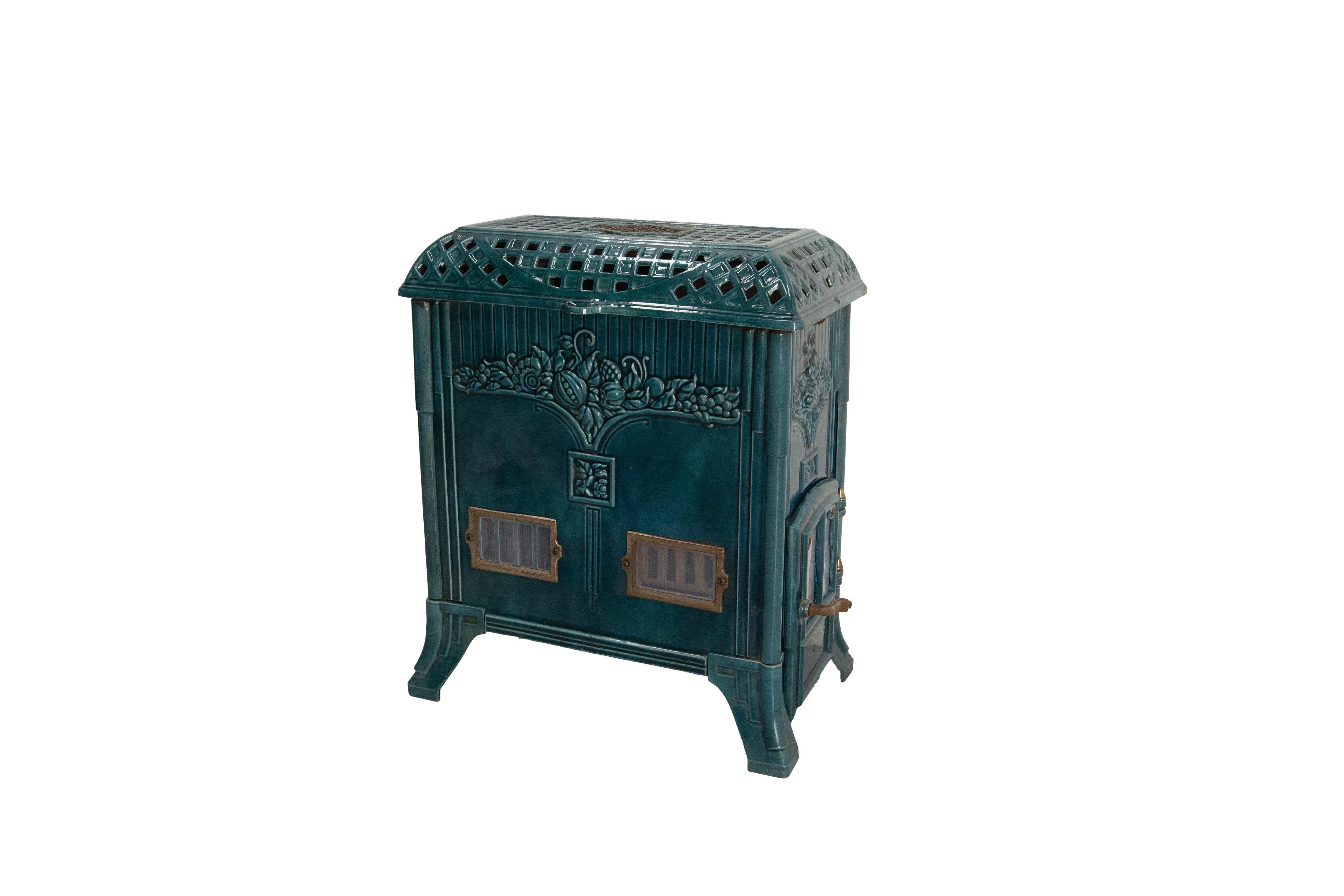 Enameled French Small Art Deco Blue Enamelled Cast Iron Wood/Coal Stove