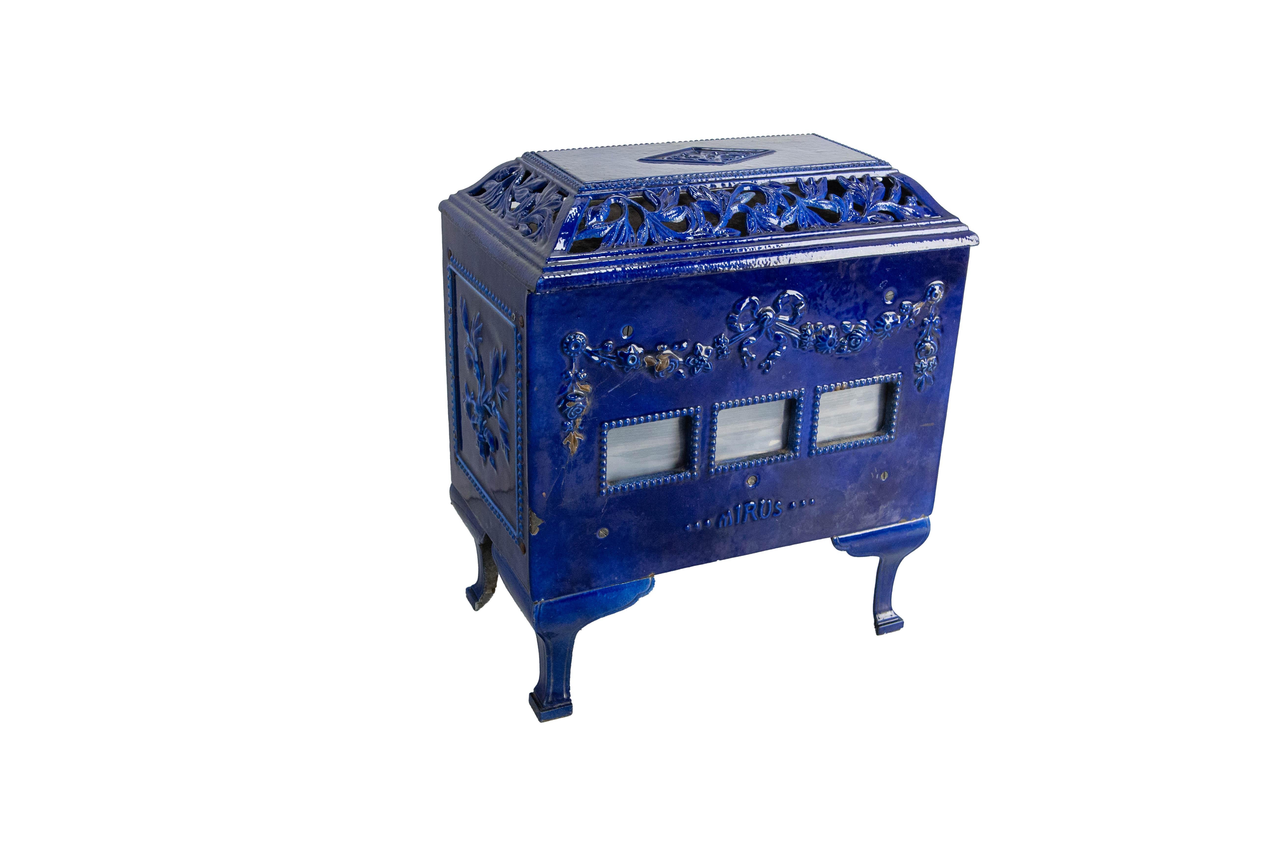 Enameled French Small Art Deco Blue Enamelled Cast Iron Wood/Coal Stove For Sale