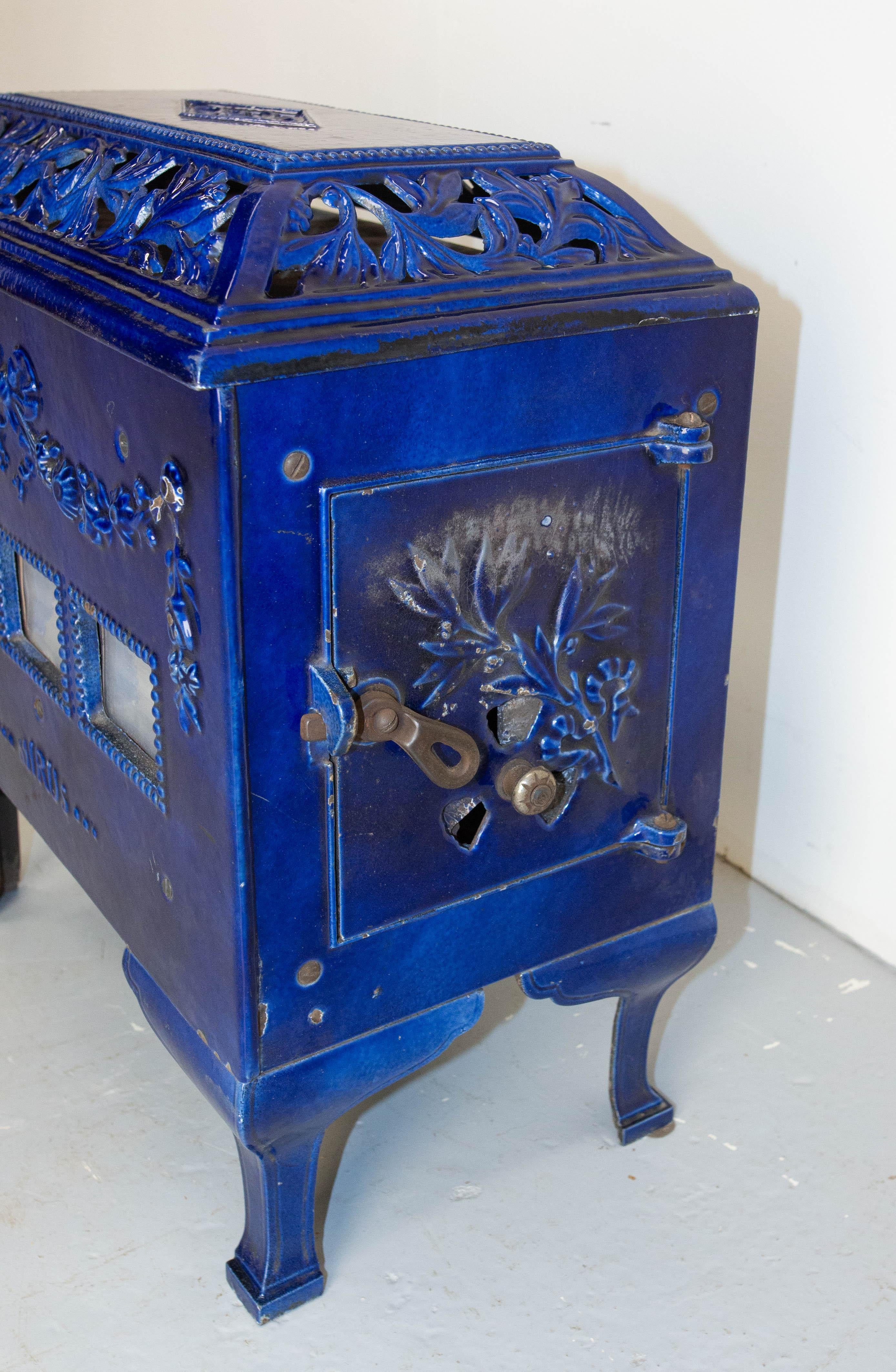 Early 20th Century French Small Art Deco Blue Enamelled Cast Iron Wood/Coal Stove For Sale