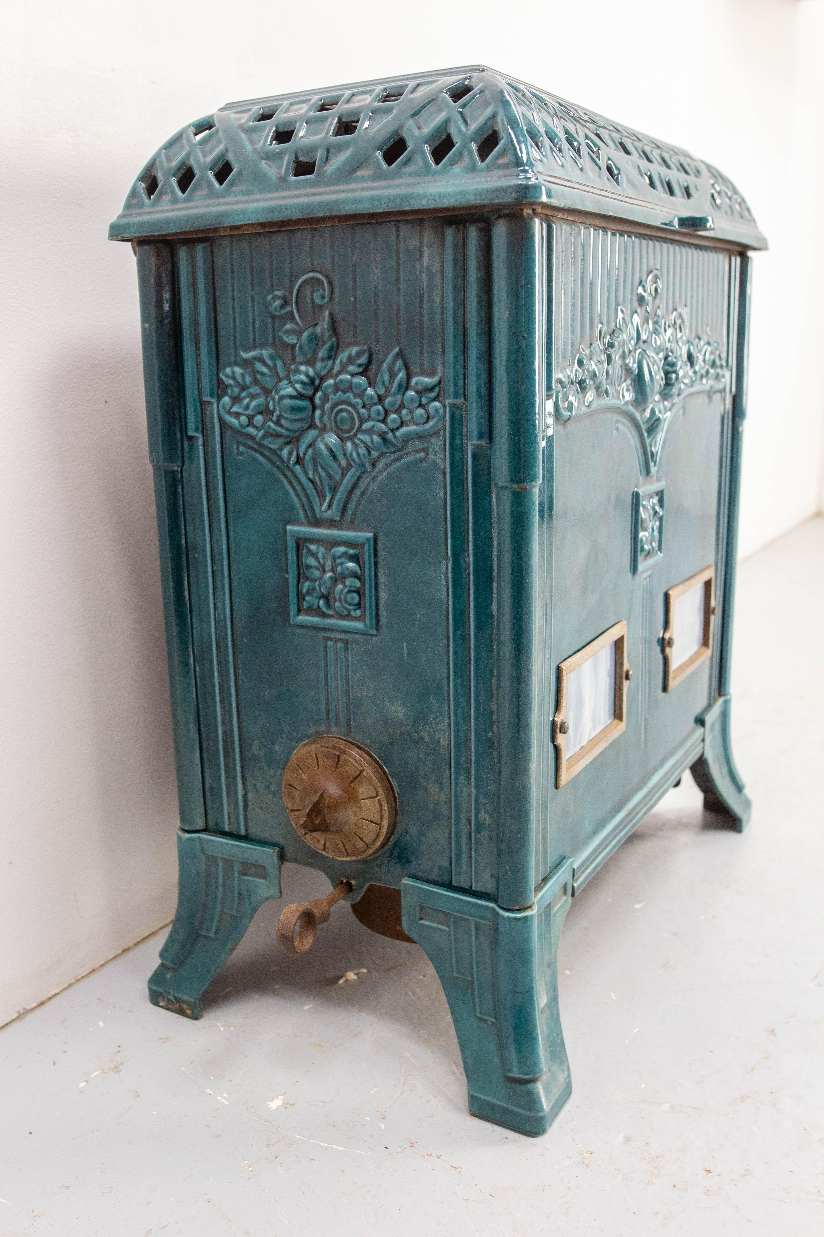 French Small Art Deco Blue Enamelled Cast Iron Wood/Coal Stove 1