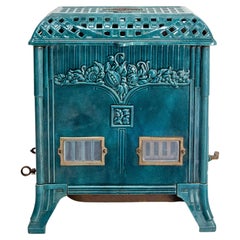 French Small Art Deco Blue Enamelled Cast Iron Wood/Coal Stove