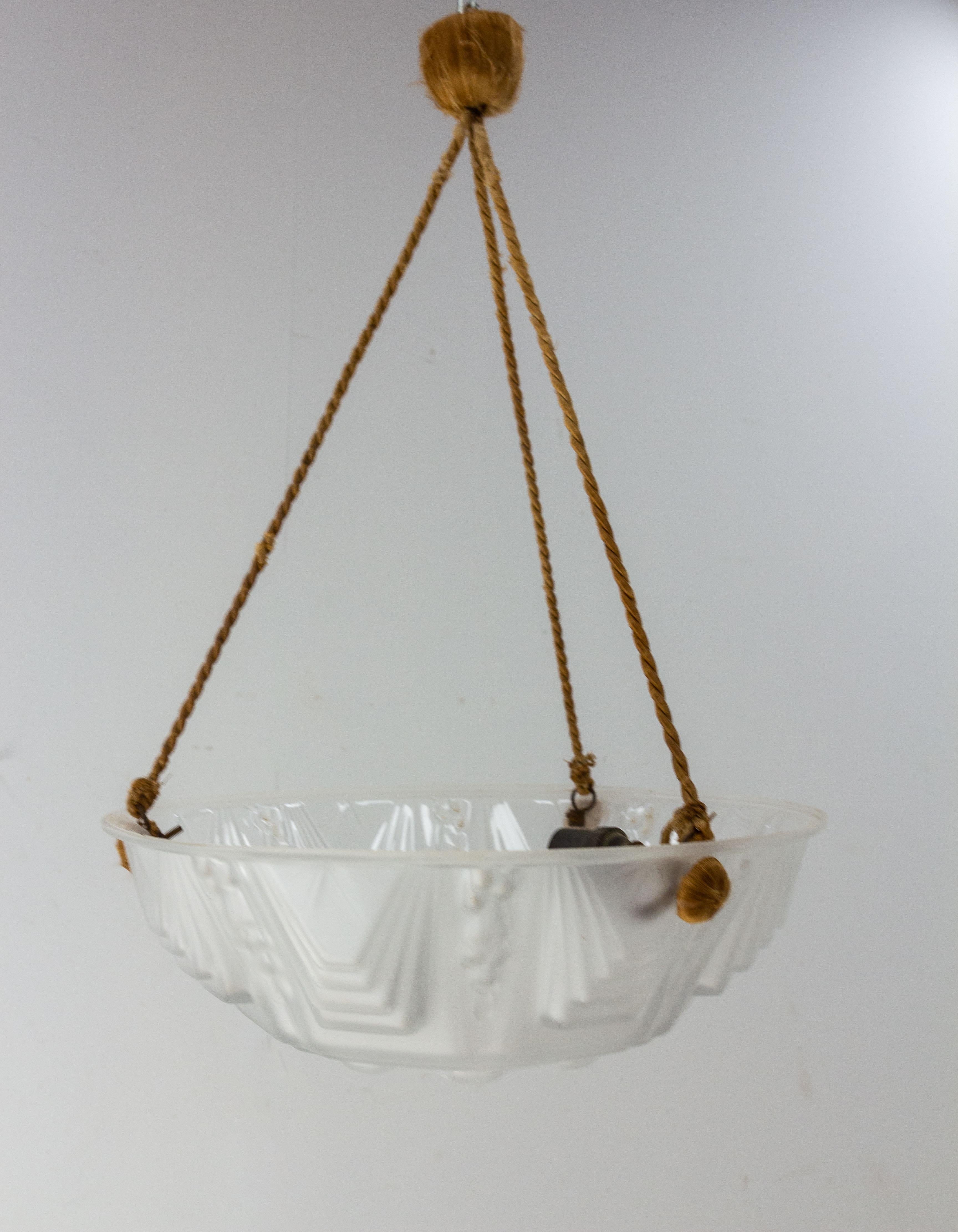French Small Art Deco Lustre Glass Ceiling Pendant Chandelier, circa 1930 In Good Condition For Sale In Labrit, Landes