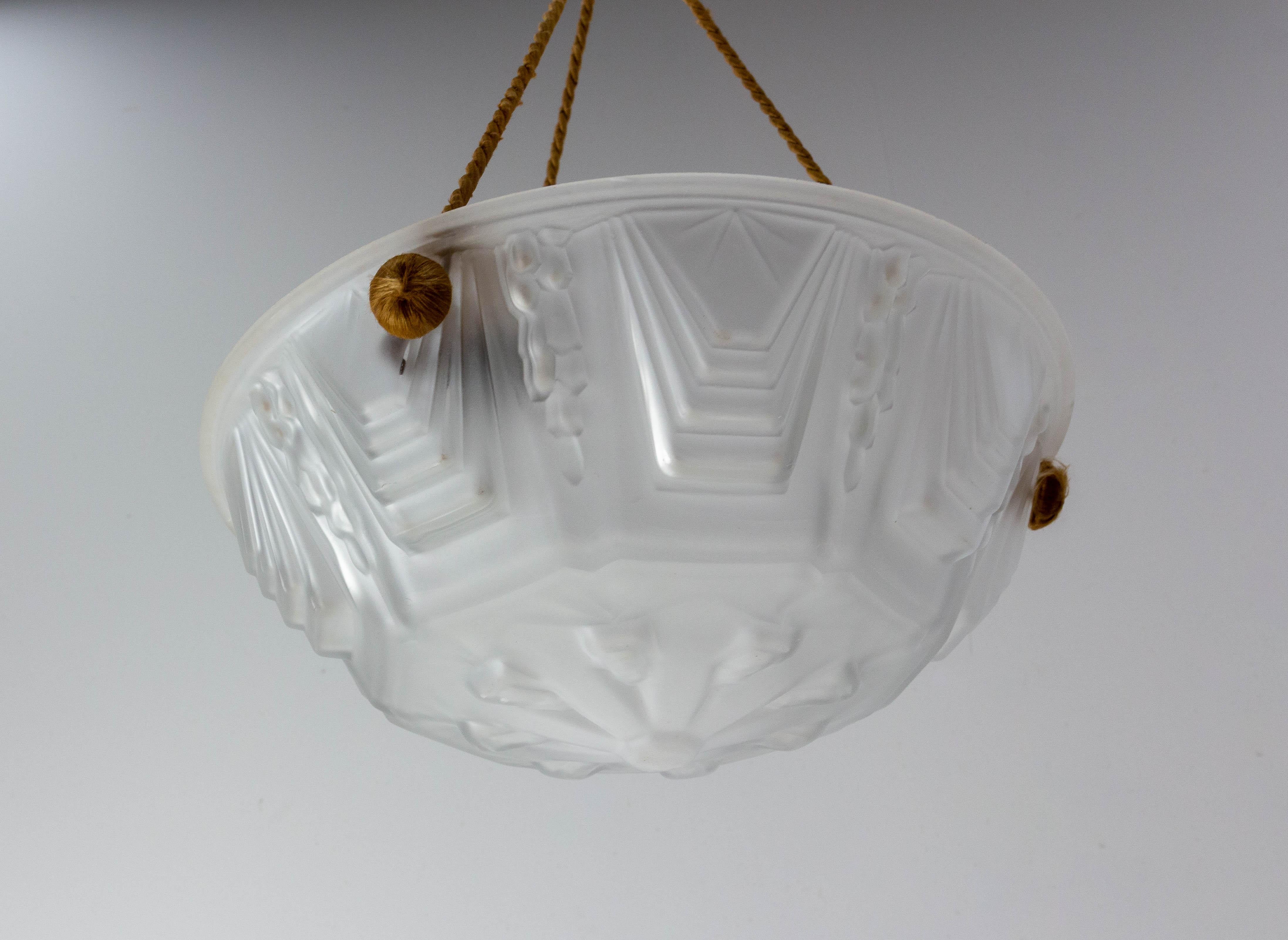 Mid-20th Century French Small Art Deco Lustre Glass Ceiling Pendant Chandelier, circa 1930 For Sale