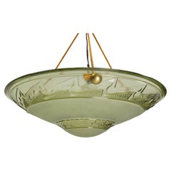 French Small Art Deco Lustre Green Glass and Golden Fabric Chandelier, c. 1930