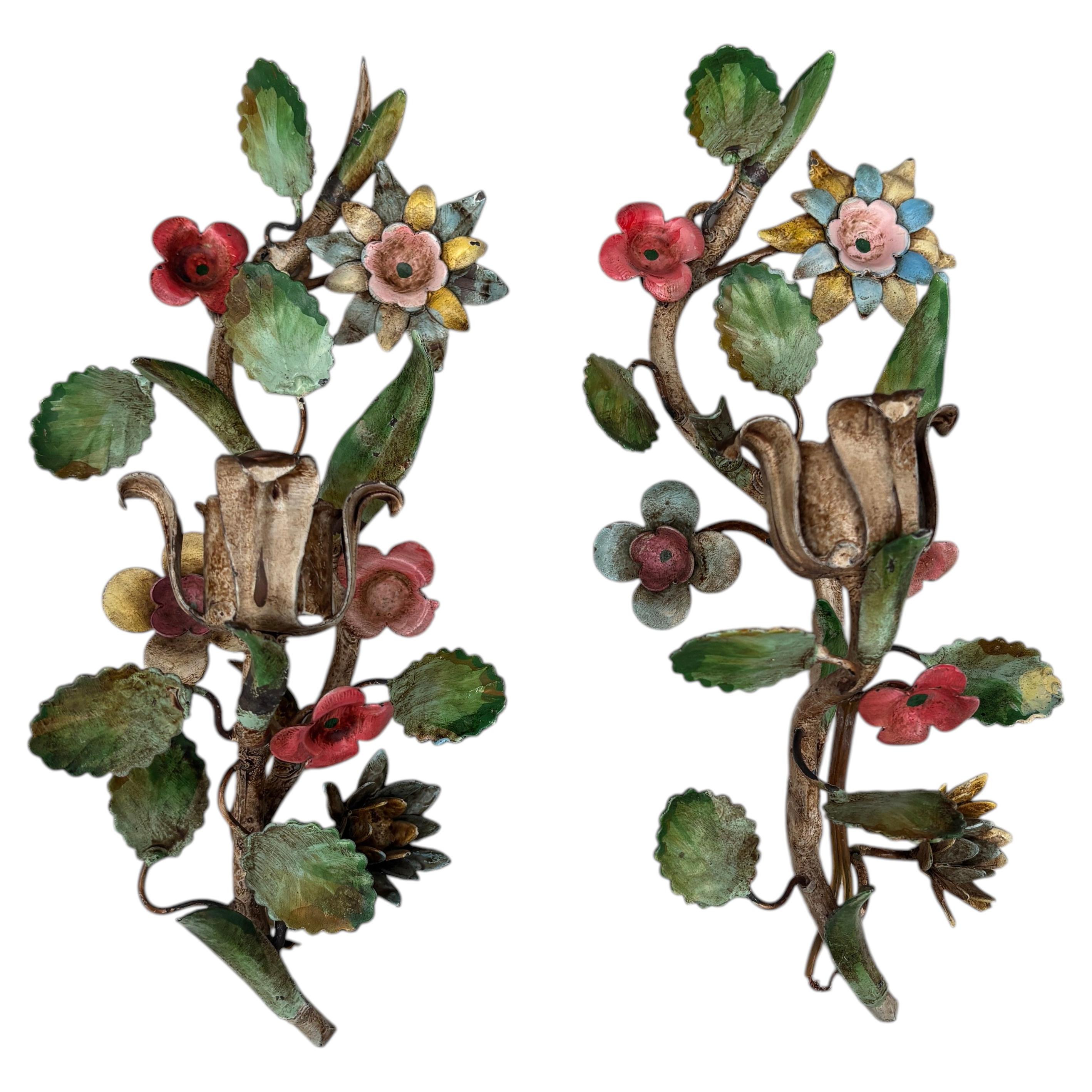 French Small Pair of Wrought Iron Flowers Sconces