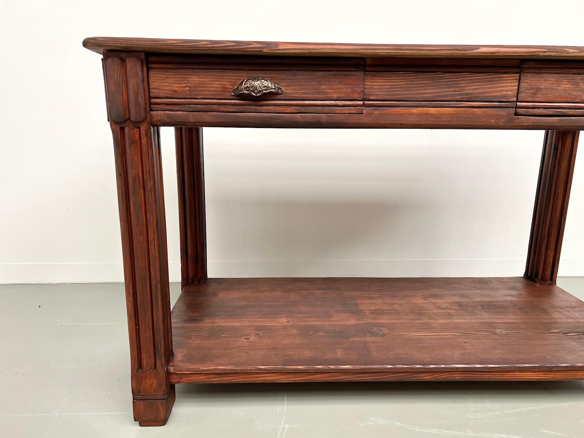 This small drapery table will work perfectly as a product display table in a boutique or as a serving trolley in a kitchen. Equipped with two fully functional drawers, it is in perfect vintage condition.

Dimensions: L130 x D65 x H80 cm