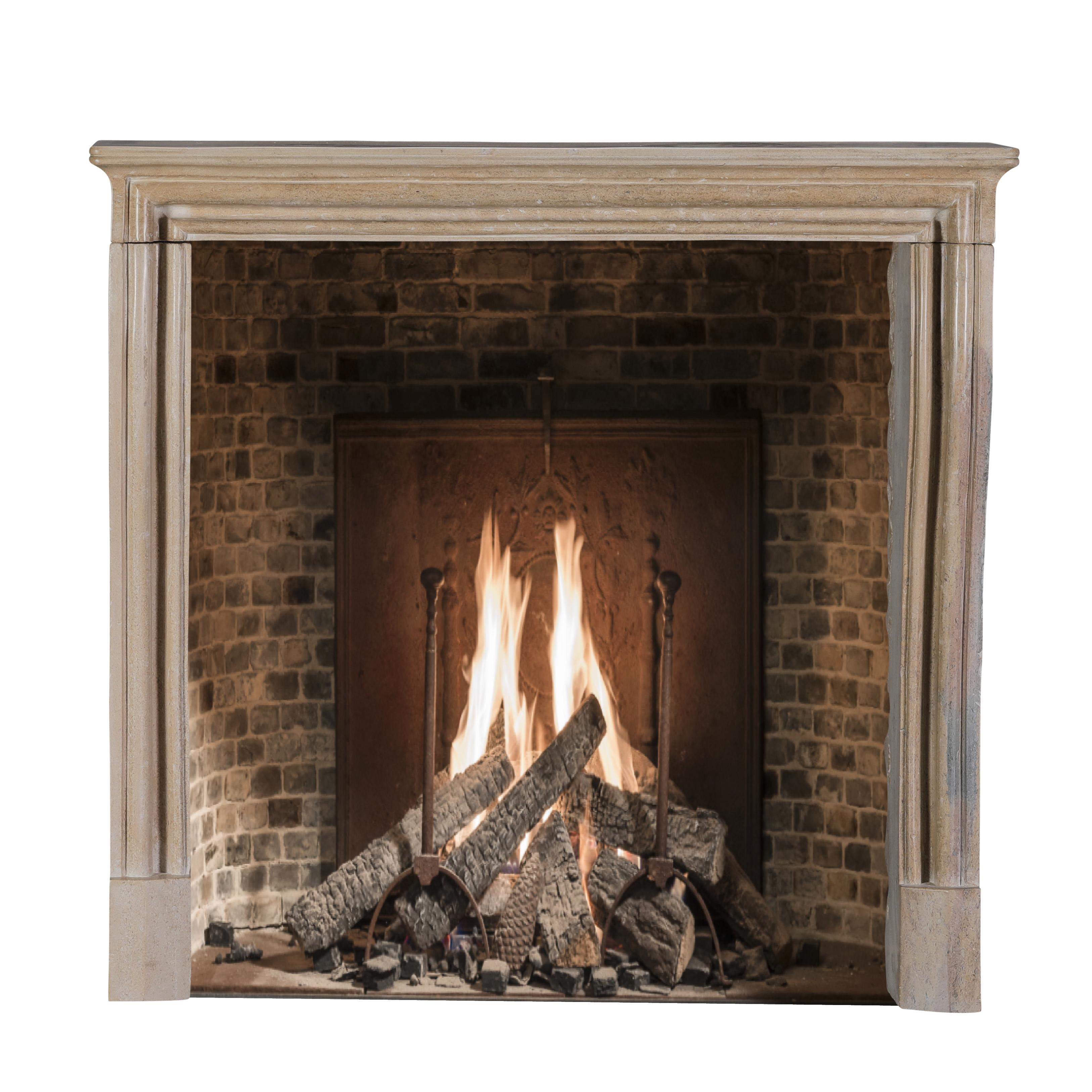 Hand-Carved French Small Uni Tone Beige Limestone Fireplace Mantel – Burgundian Stone For Sale