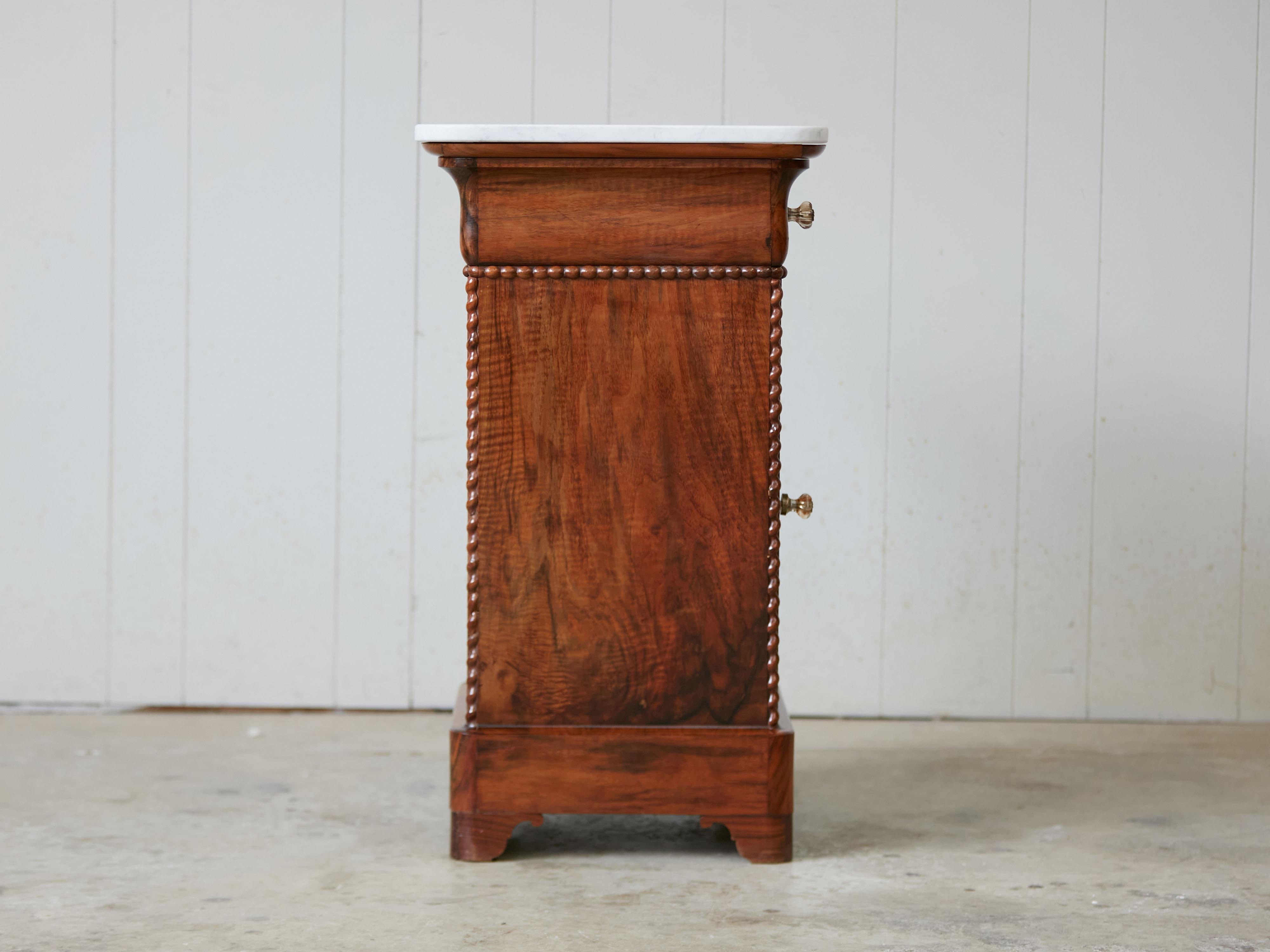 Veneer French Small Walnut Cabinet with White Marble Top and Single Drawer over Door