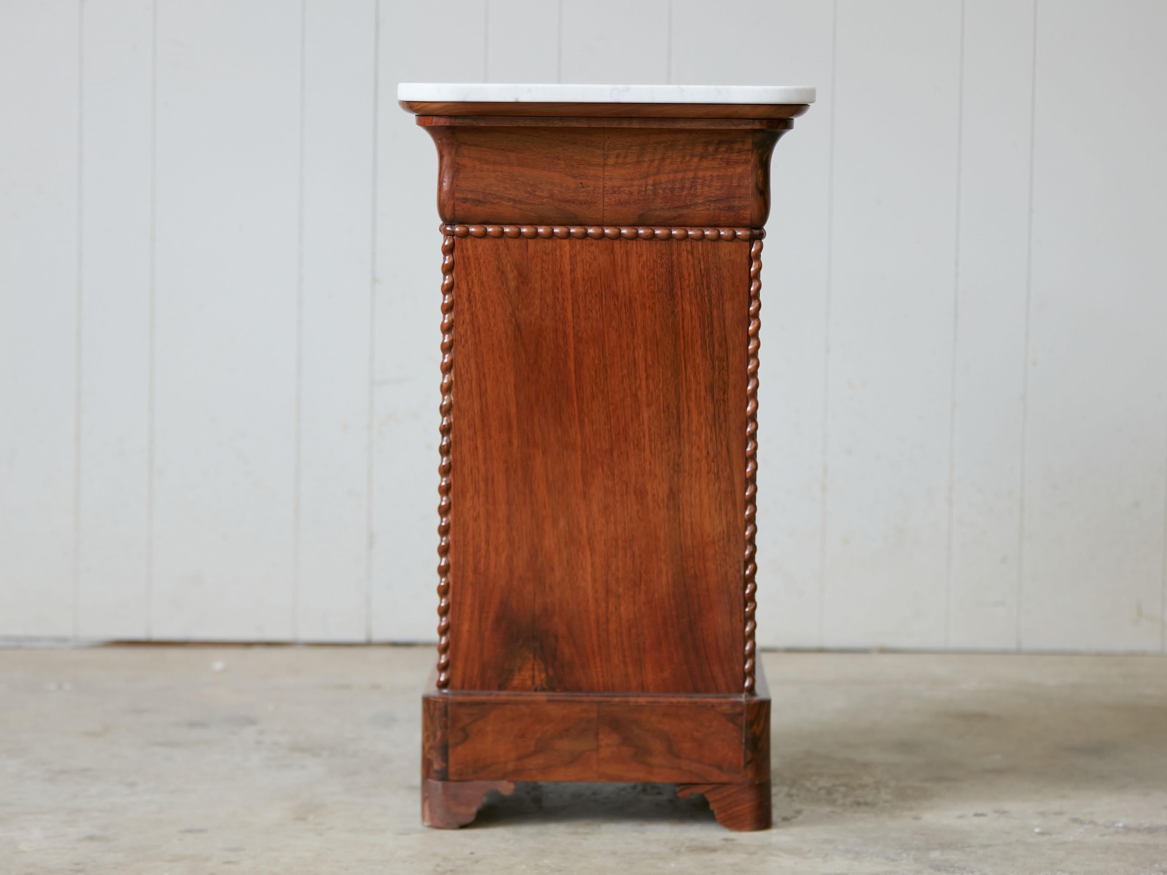 French Small Walnut Cabinet with White Marble Top and Single Drawer over Door In Good Condition In Atlanta, GA